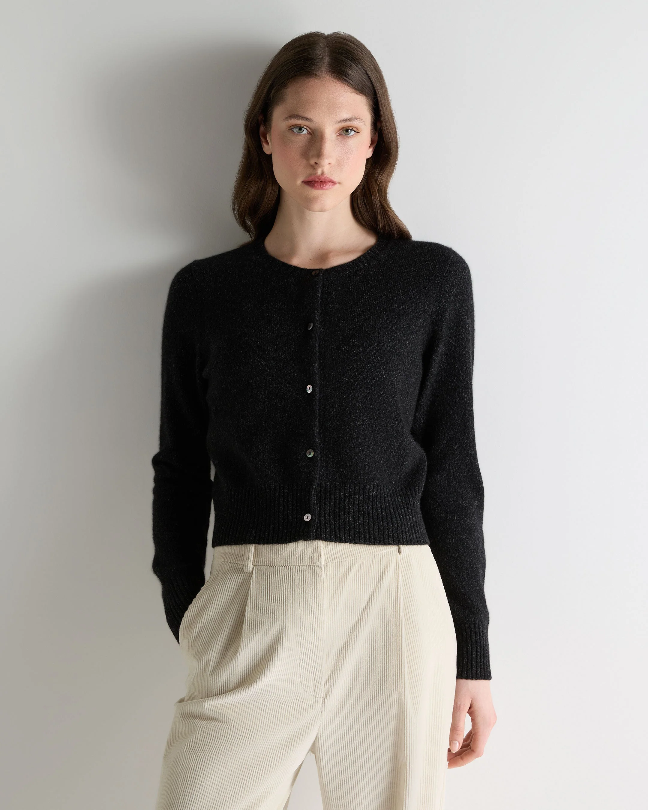 Women's Chunky Crop Cashmere Cardigan Charcoal Grey Melange