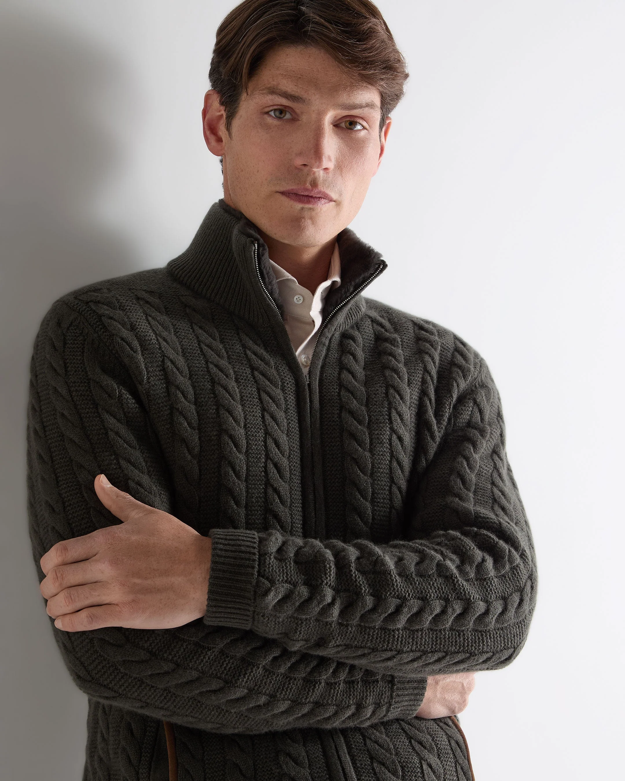 Men's Richmond Cable Cashmere Cardigan Arabica Khaki Green