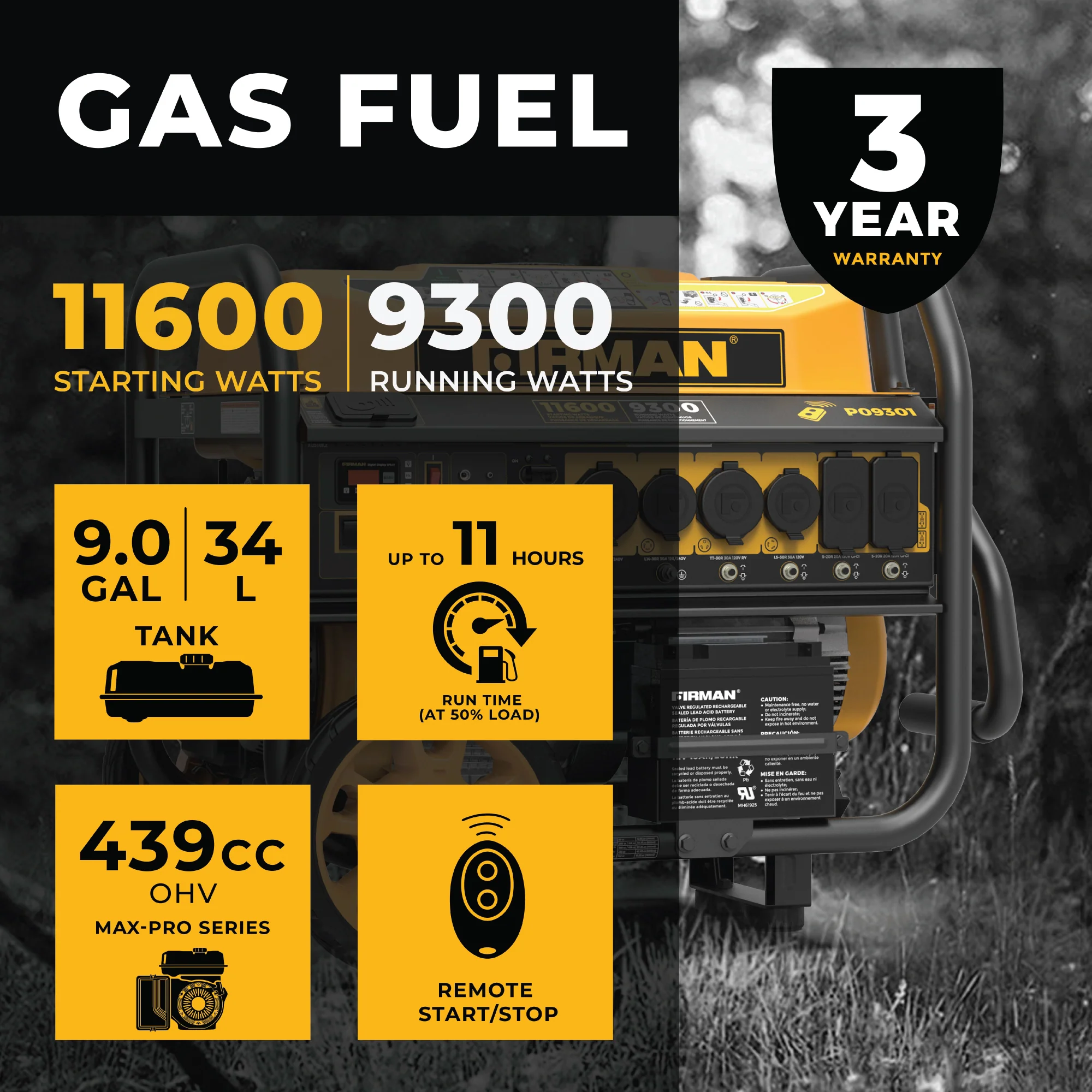 Gas Portable Generator 11600W Remote Start 120/240V