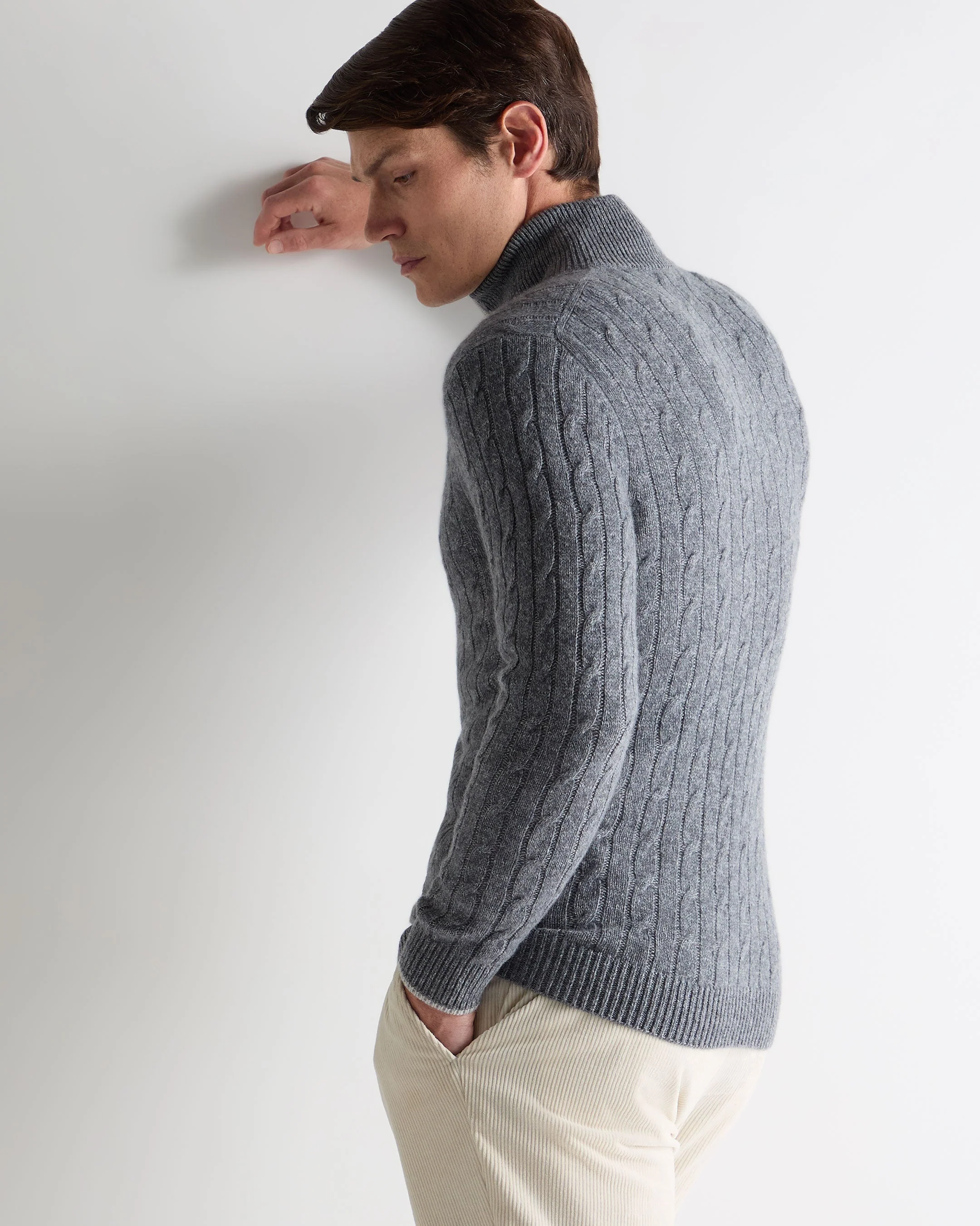 Men's Albemarle Cable Half Zip Cashmere Jumper Grey Melange