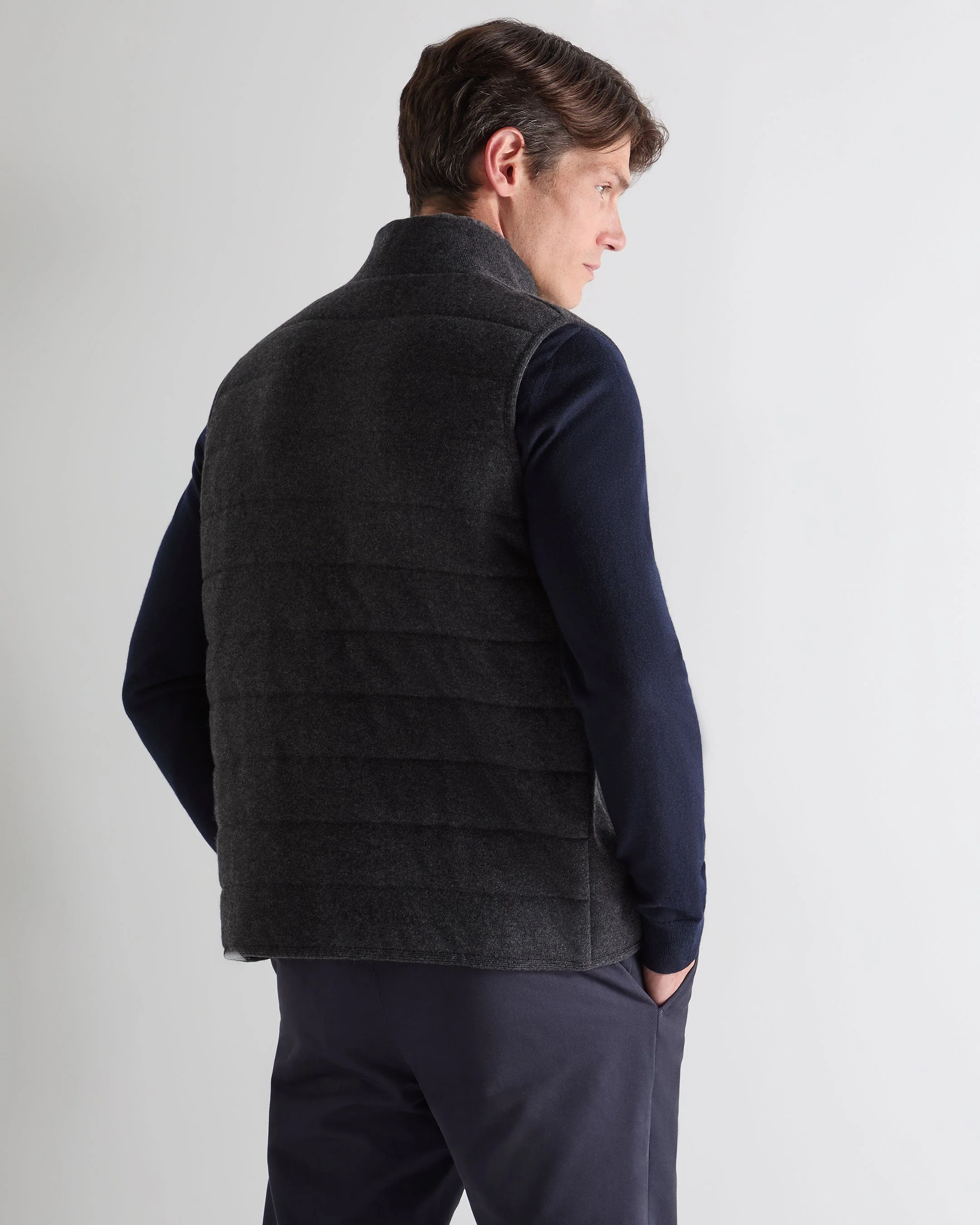 Men's Padded Fur Trim Cashmere Gilet Deep Charcoal Grey