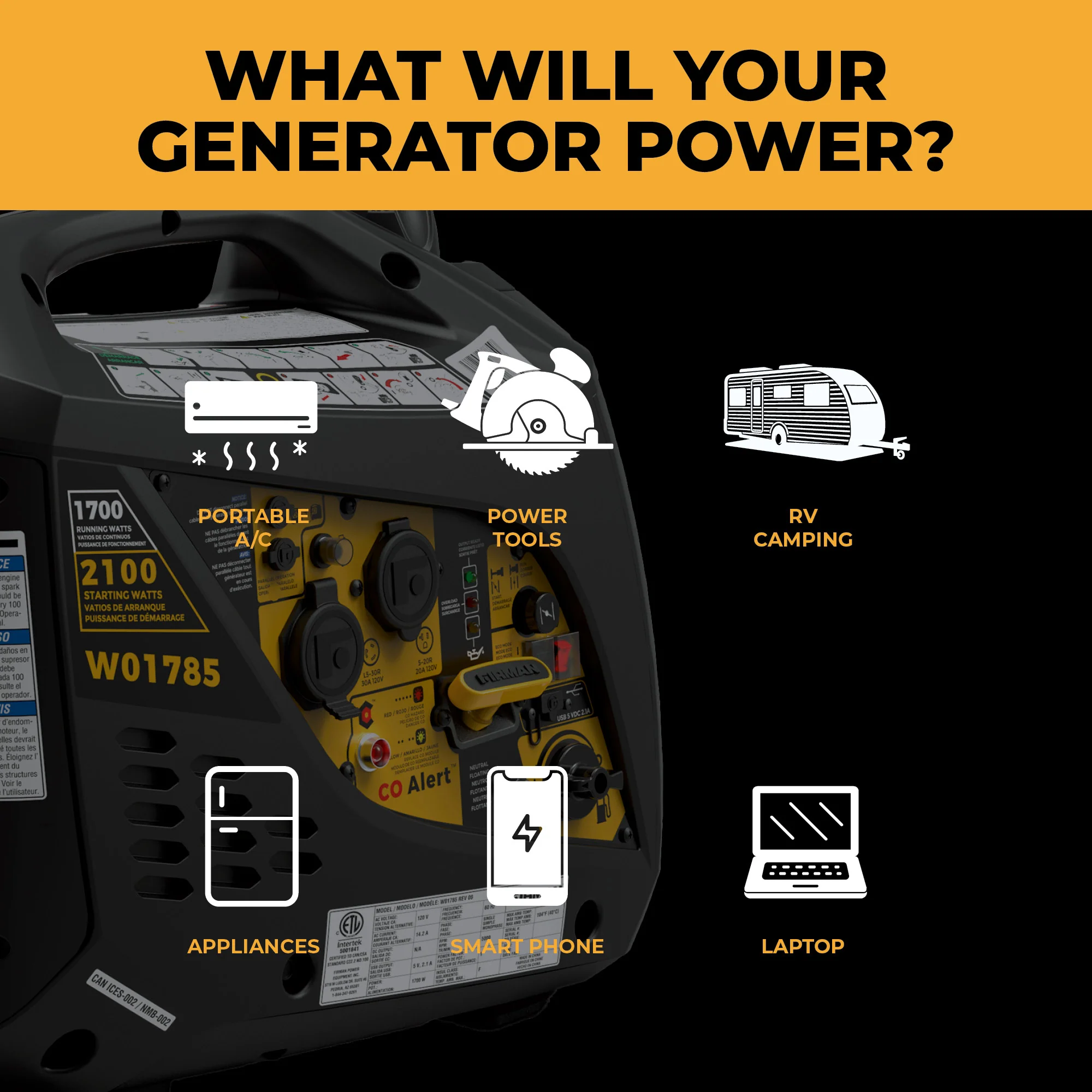 Inverter Portable Generator 2100W Recoil Start with CO Alert