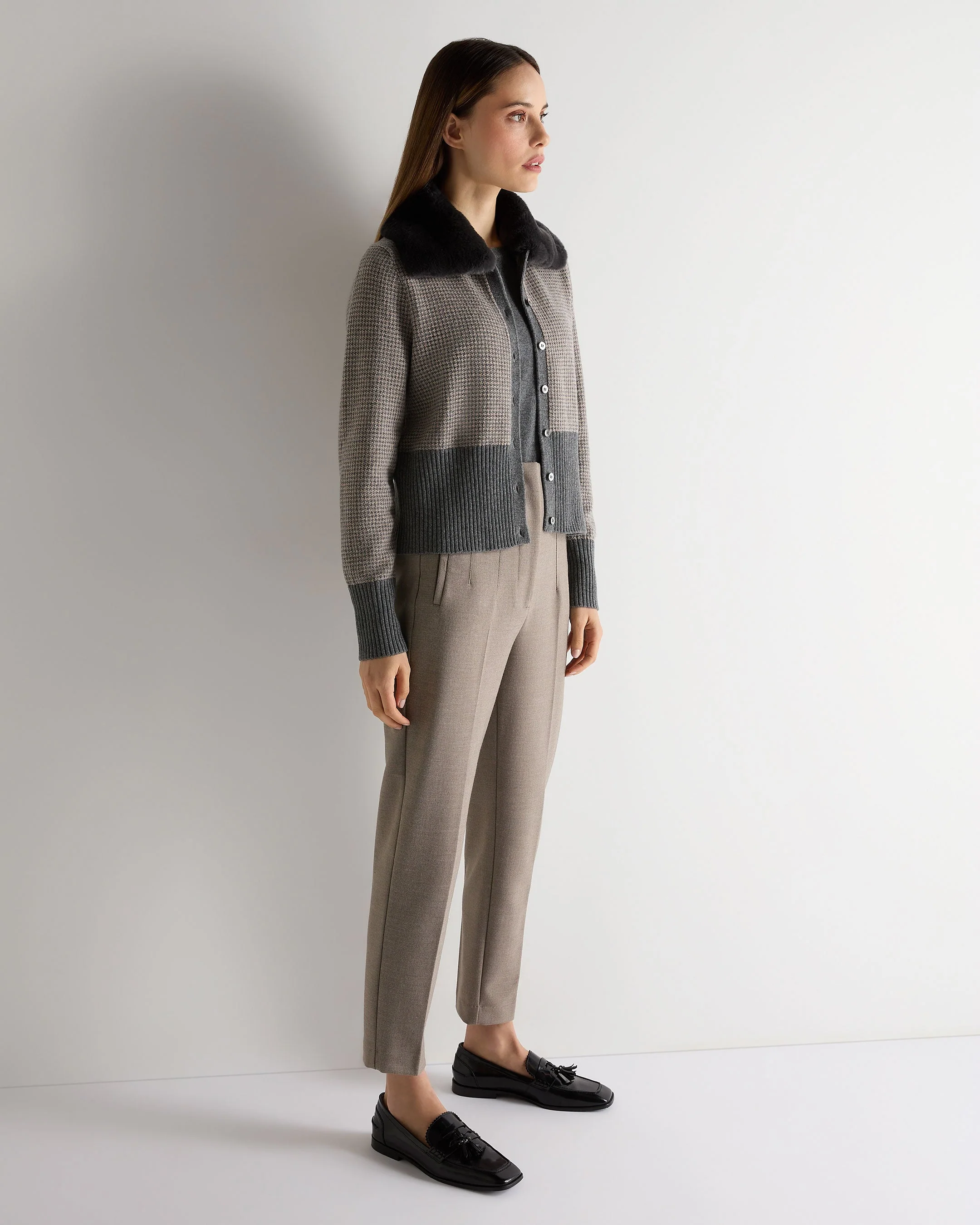 Women's Dogtooth Cashmere Cardigan With Fur Elephant Grey
