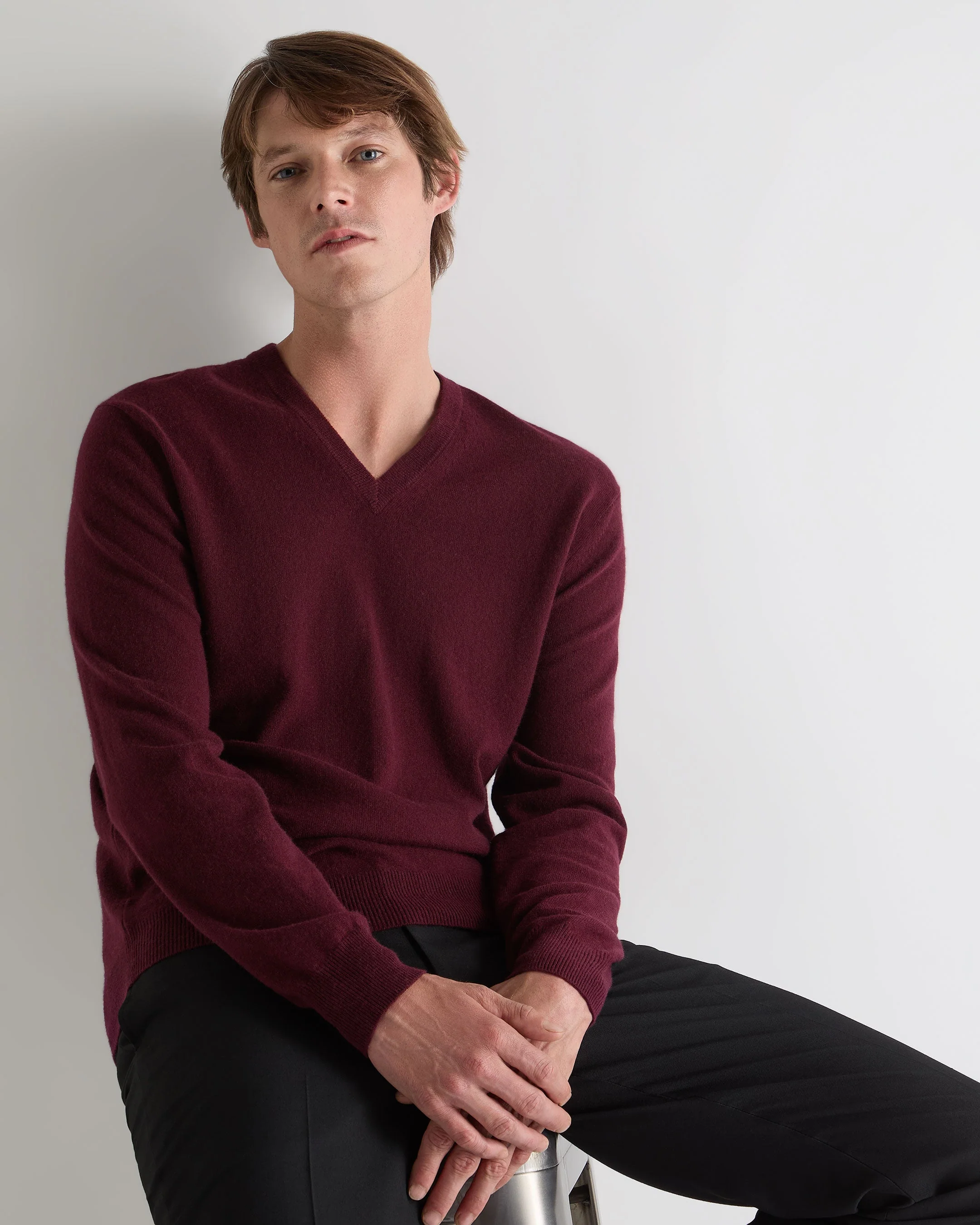 Men's Burlington V Neck Cashmere Sweater Bordeaux Red