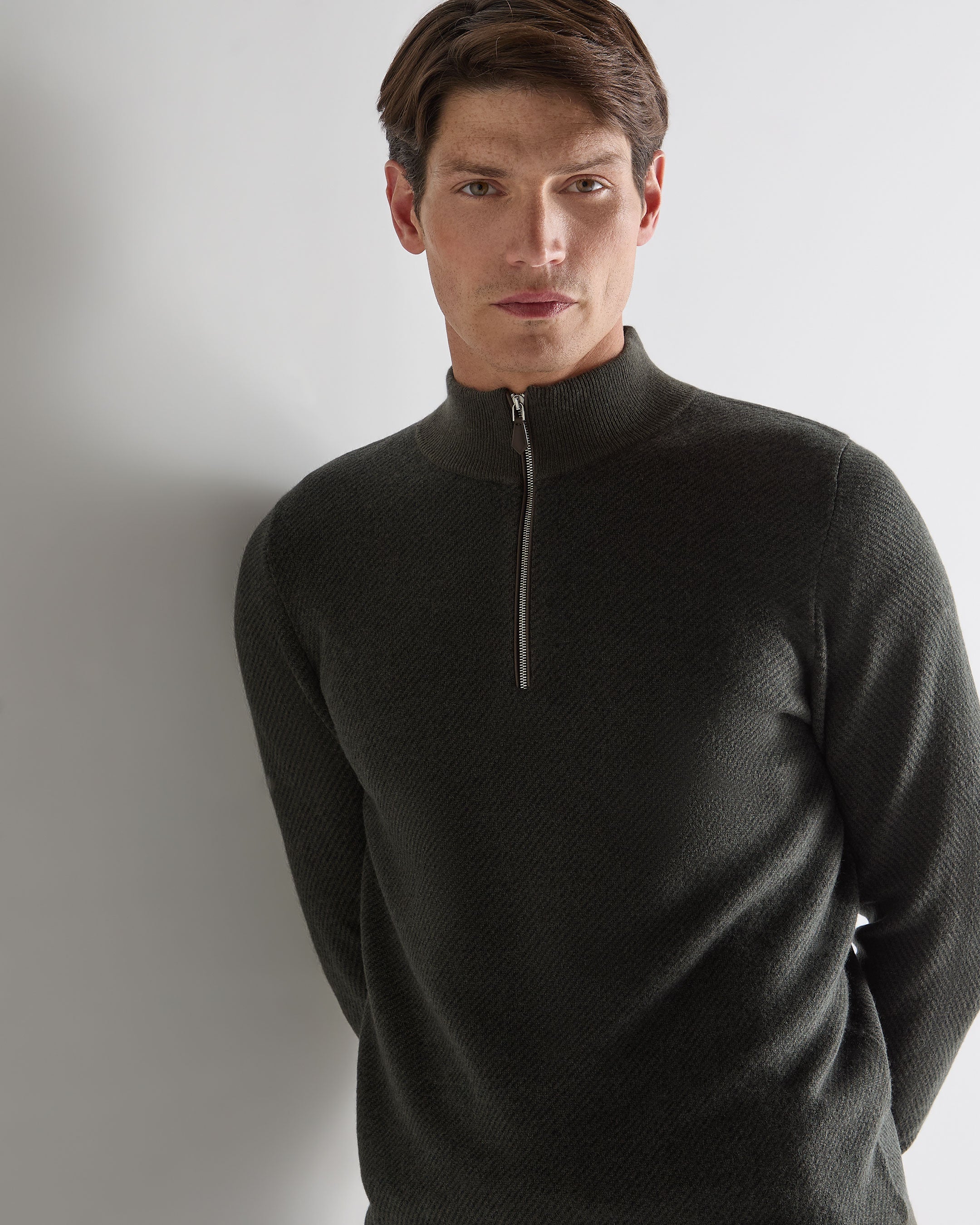 Men's Temple Jacquard Half Zip Cashmere Jumper Arabica Khaki Green