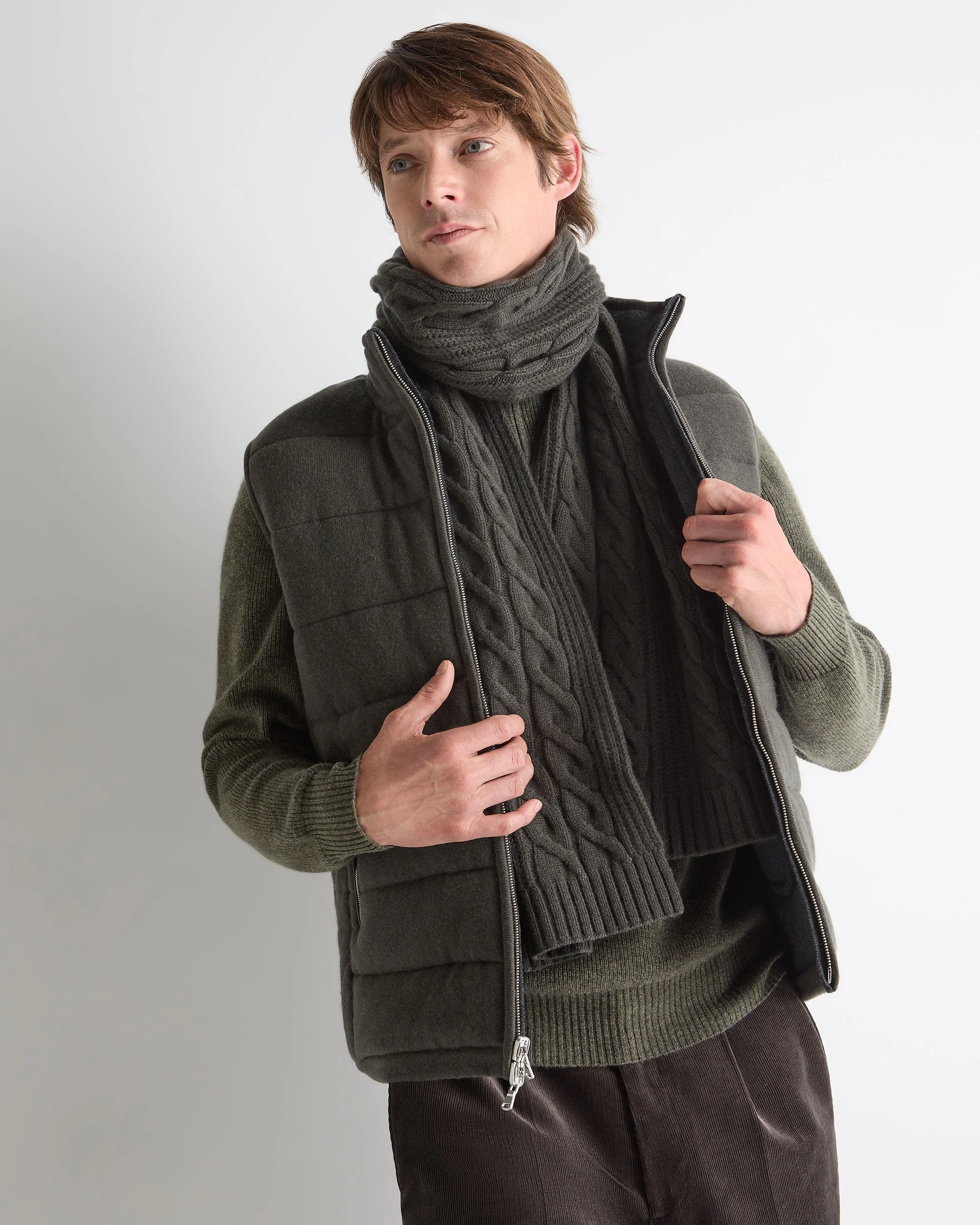 Unisex Cable Rib Cashmere Scarf Arabica Khaki Green