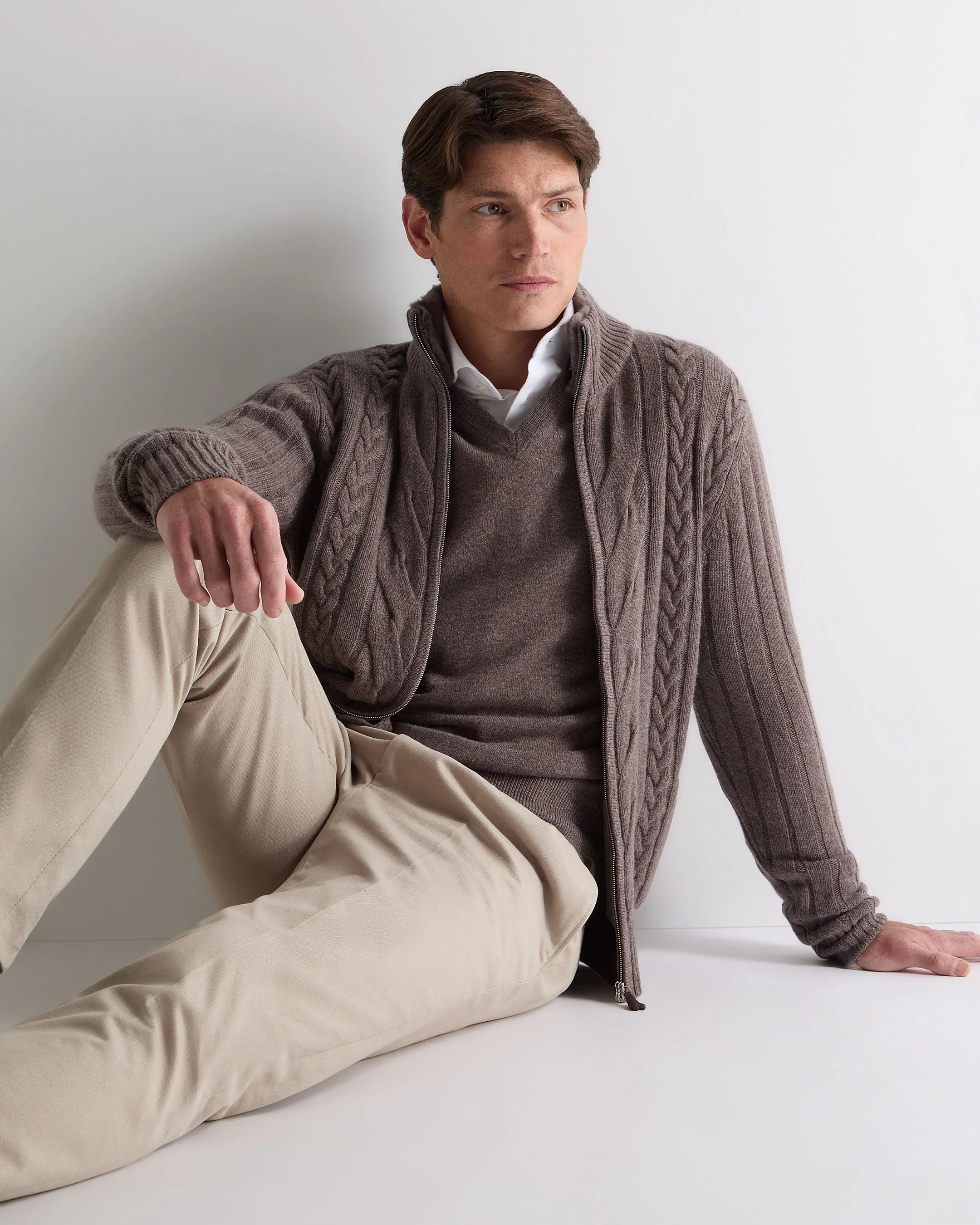 Men's Colorado Cable Fur Trim Cashmere Jacket Otter Brown