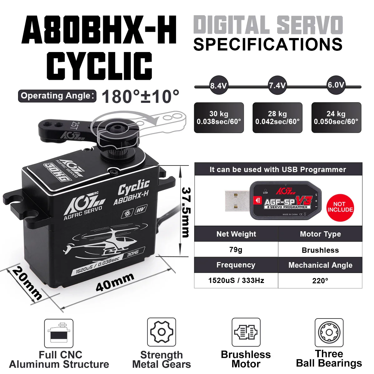 AGFRC A80BHX-H -  8.4V 30KG Programmable Helicopter Cyclic Servo  High Torque High Voltage Brushless Digital Motor For RC Helicopter