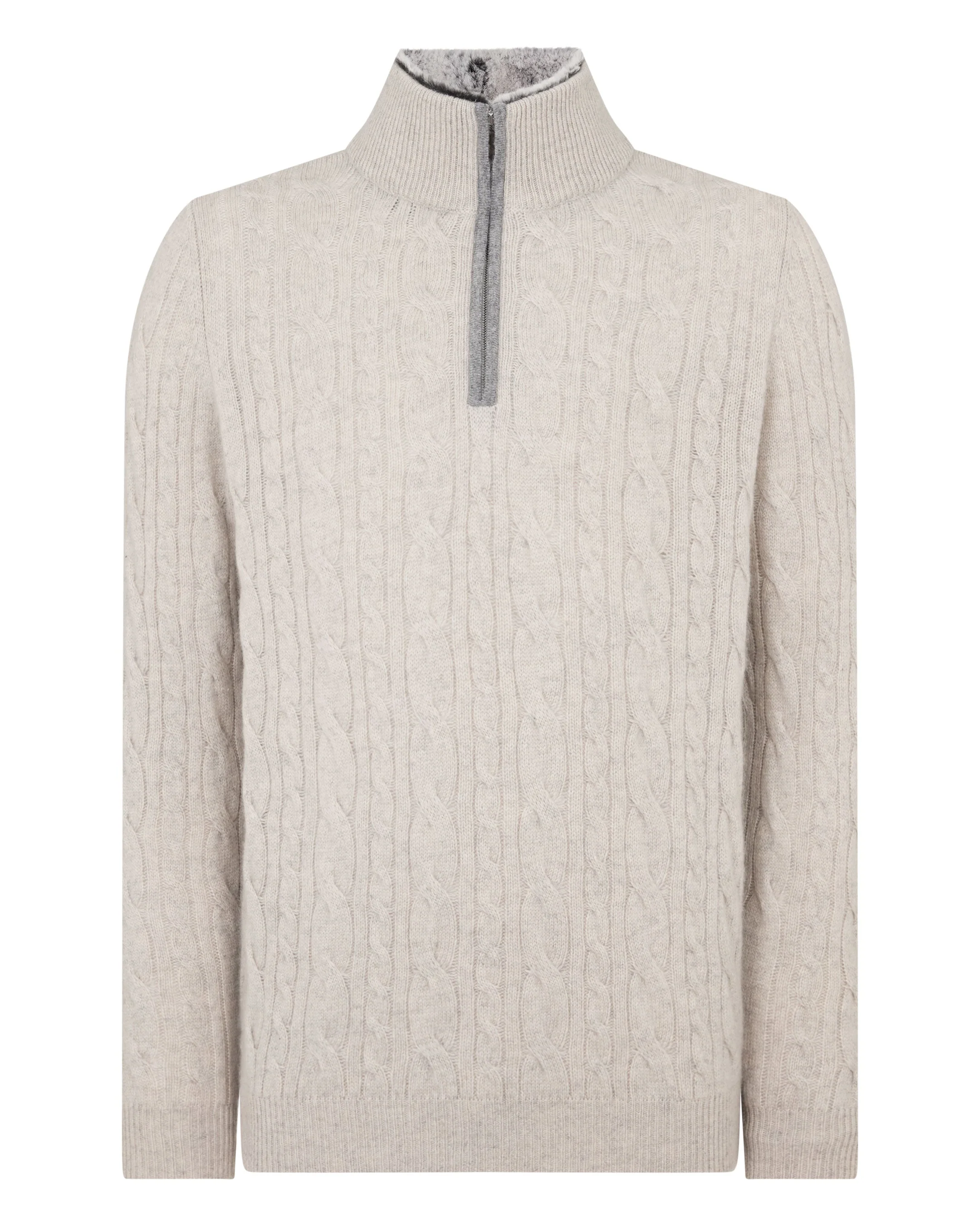 Men's Fur Trim Half Zip Cashmere Jumper Nougat Brown Marl