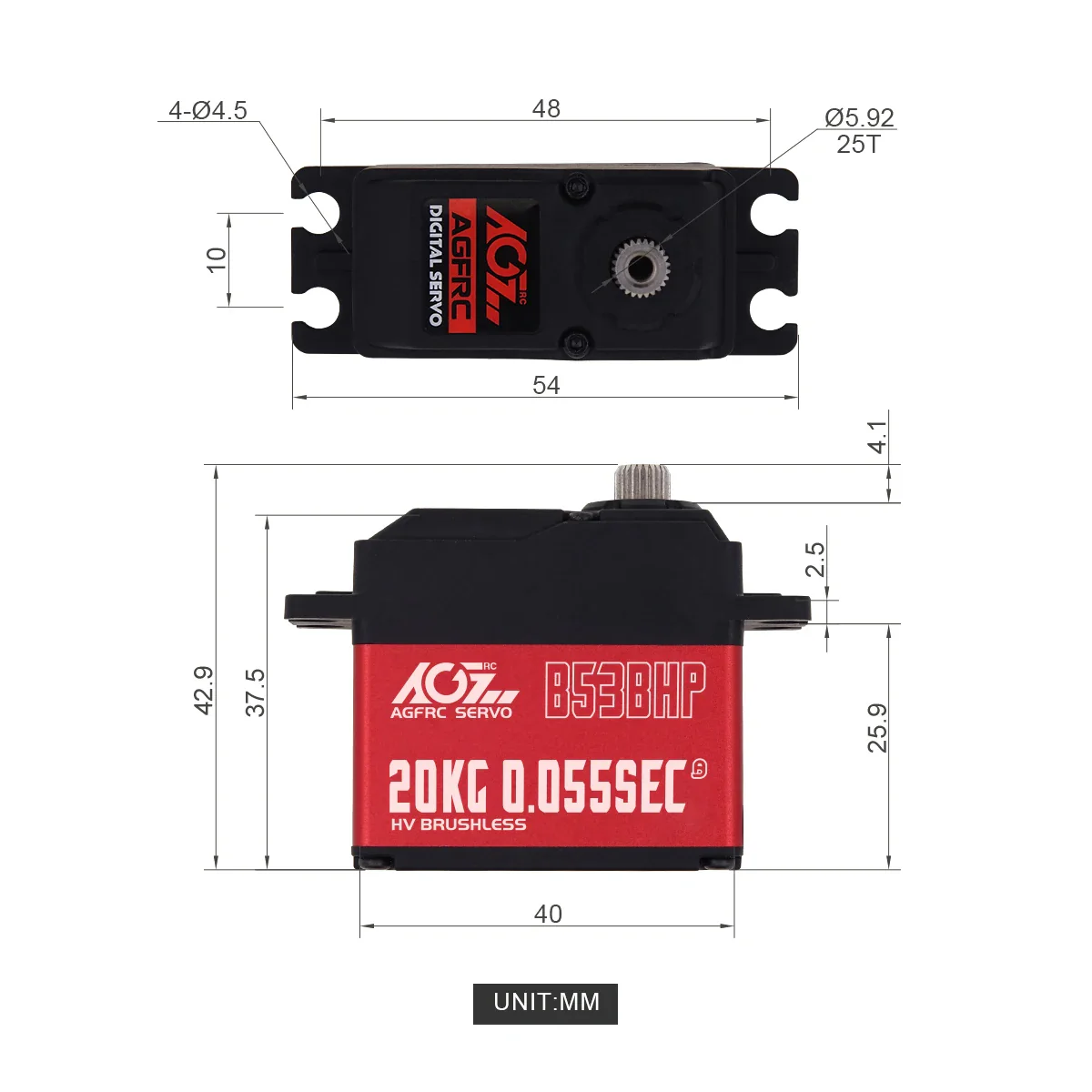 AGFRC B53BHP V2 - Brushless RC Servo HV 20KG Upgraded Steel Gear Programmable Digital Standard Servo for 1/10 RC Car Boat Crawler