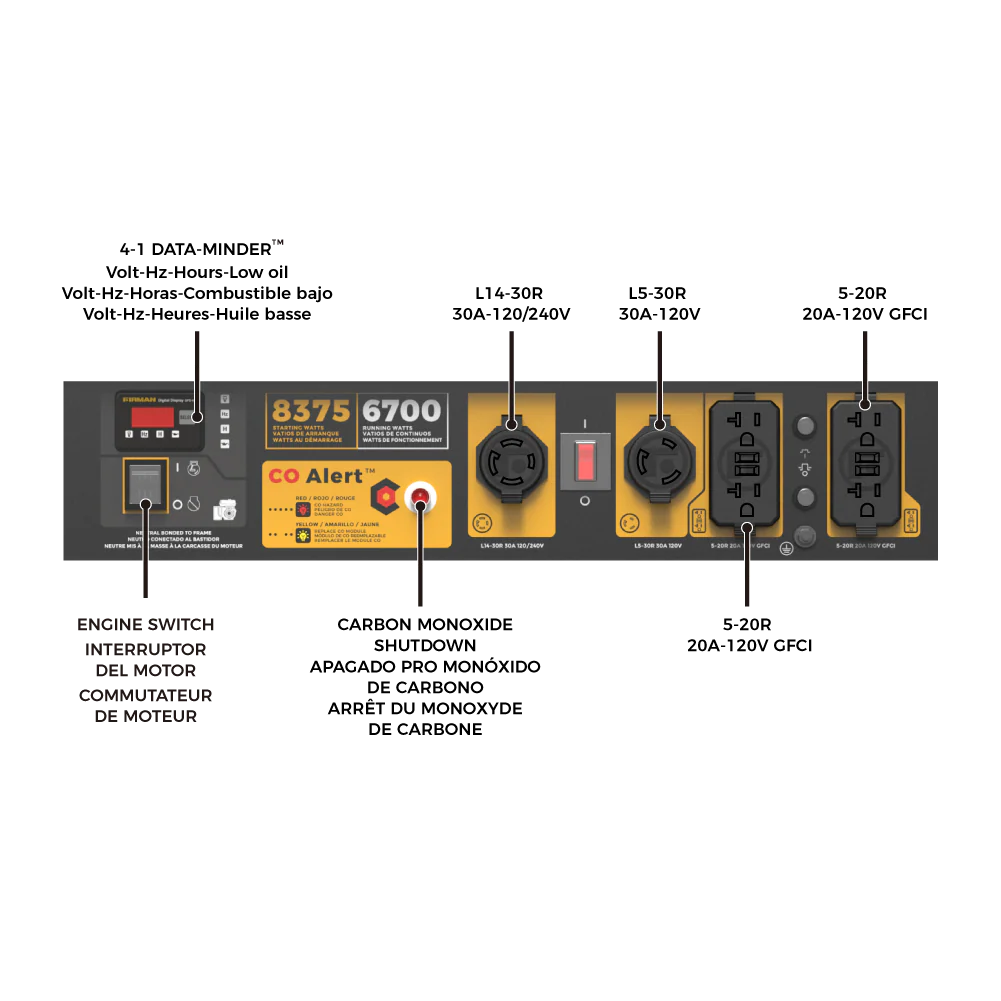 Gas Portable Generator 8375W Recoil Start 120/240V With CO Alert