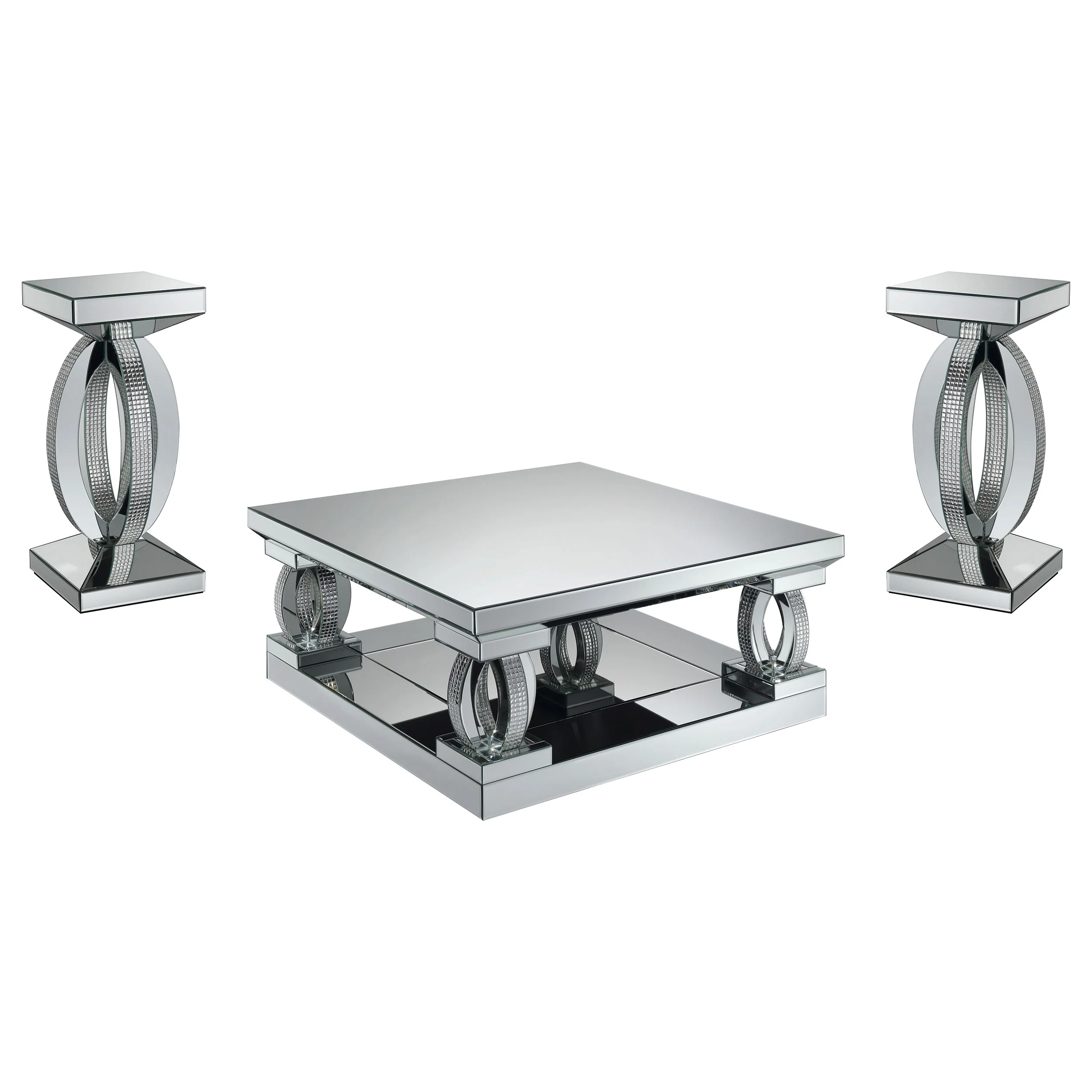 Amalia  Mirrored Coffee and End Table Set Silver
