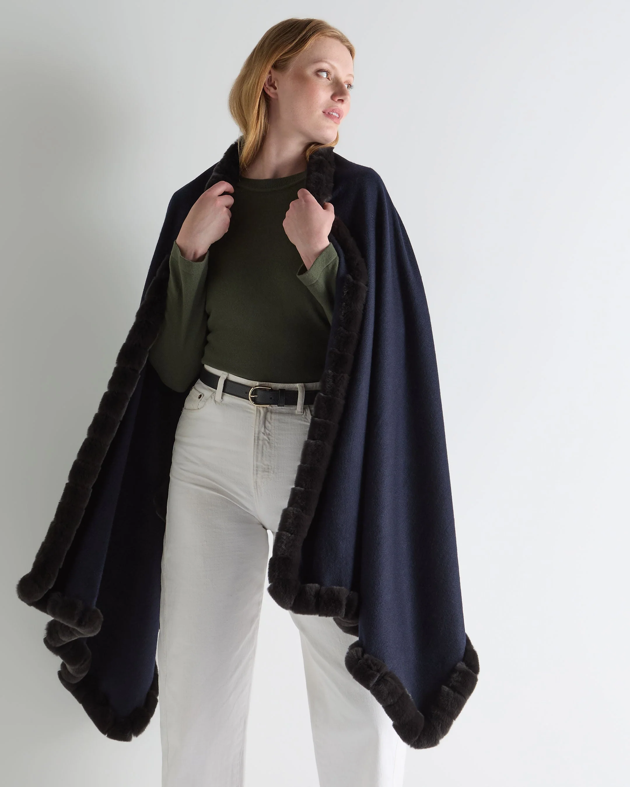 Women's Meribel Woven Fur Trim Cashmere Shawl Navy Blue