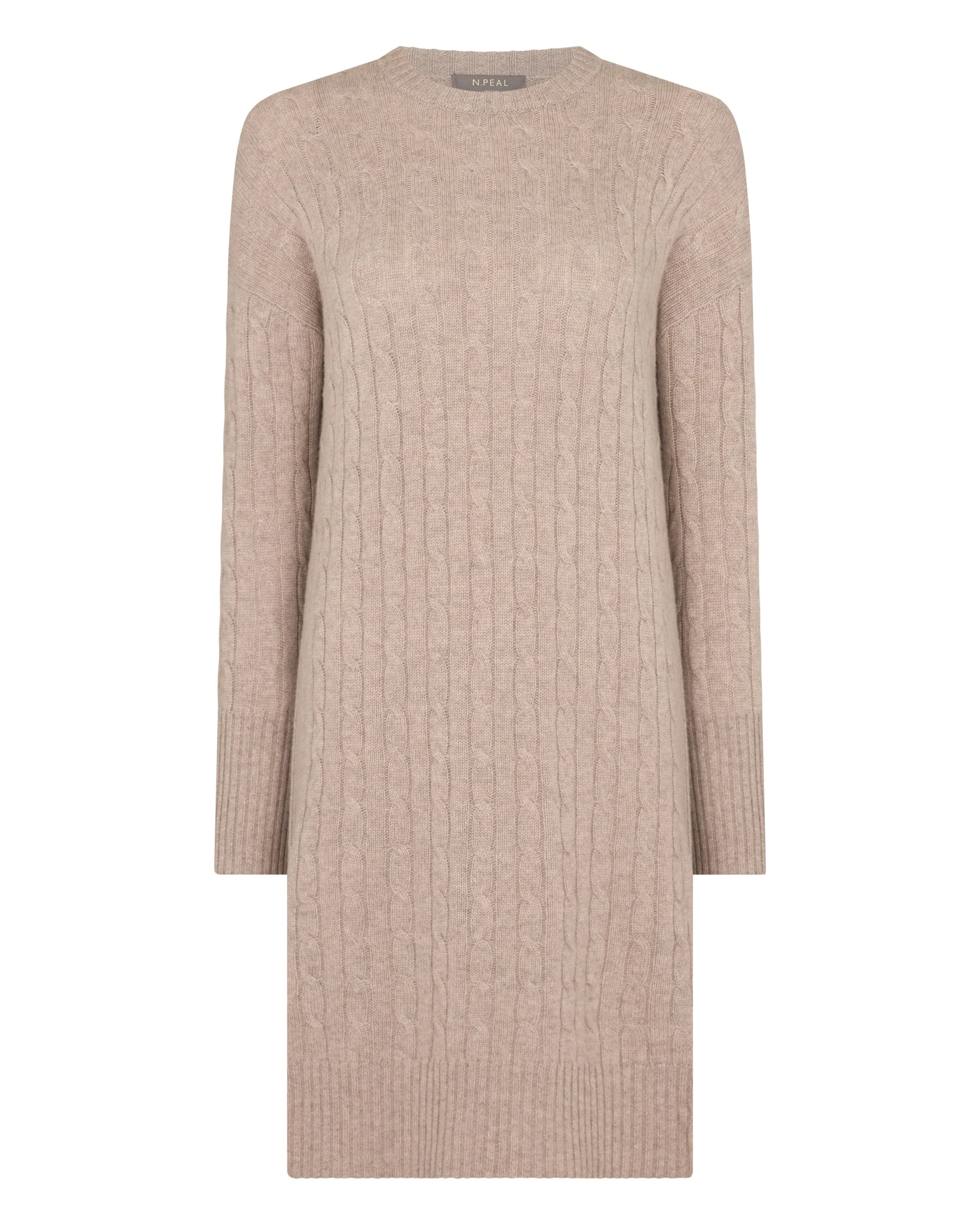 Women's Bella Round Neck Cable Cashmere Dress Oatmeal Brown
