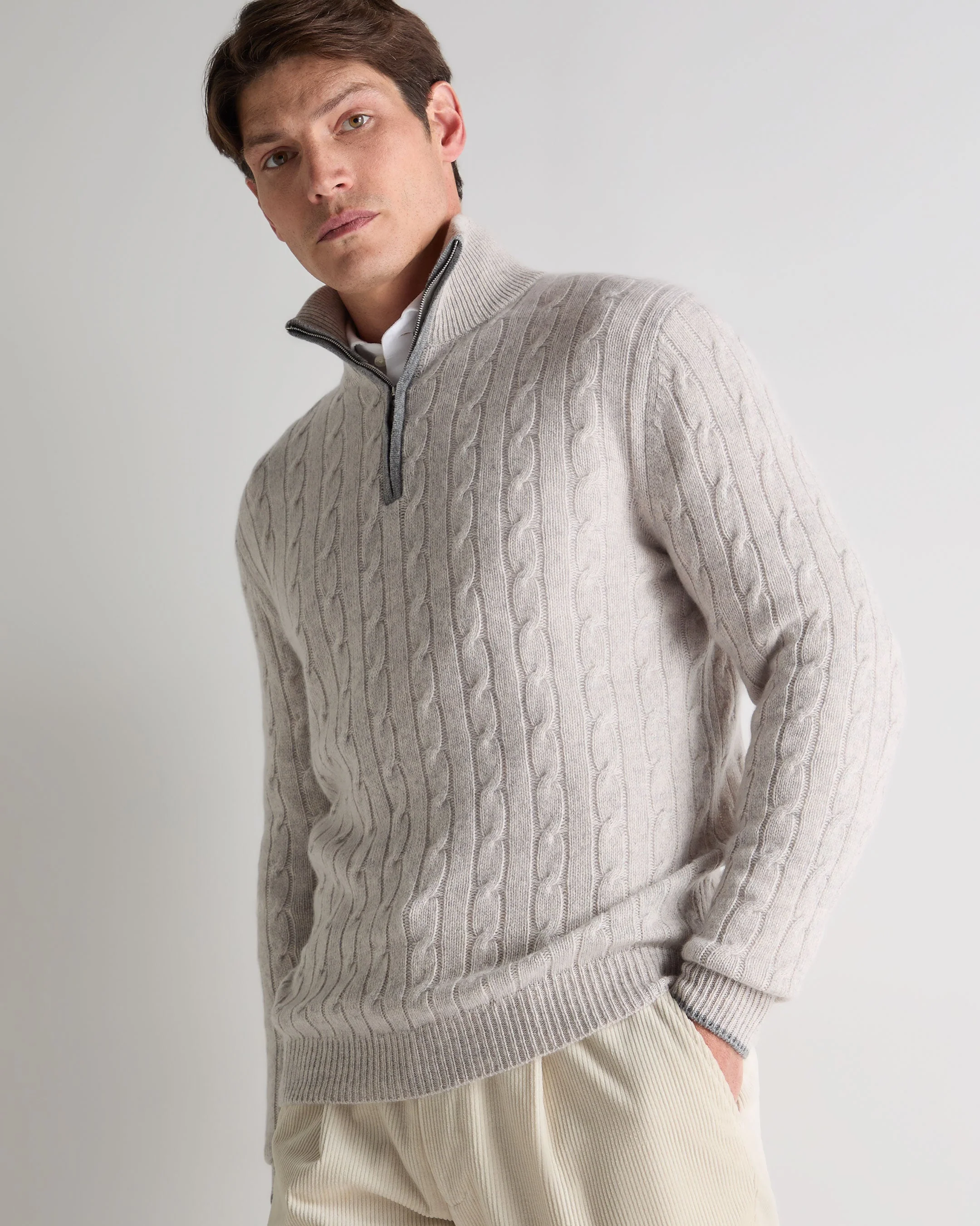 Men's Albemarle Cable Half Zip Cashmere Jumper Nougat Brown Marl