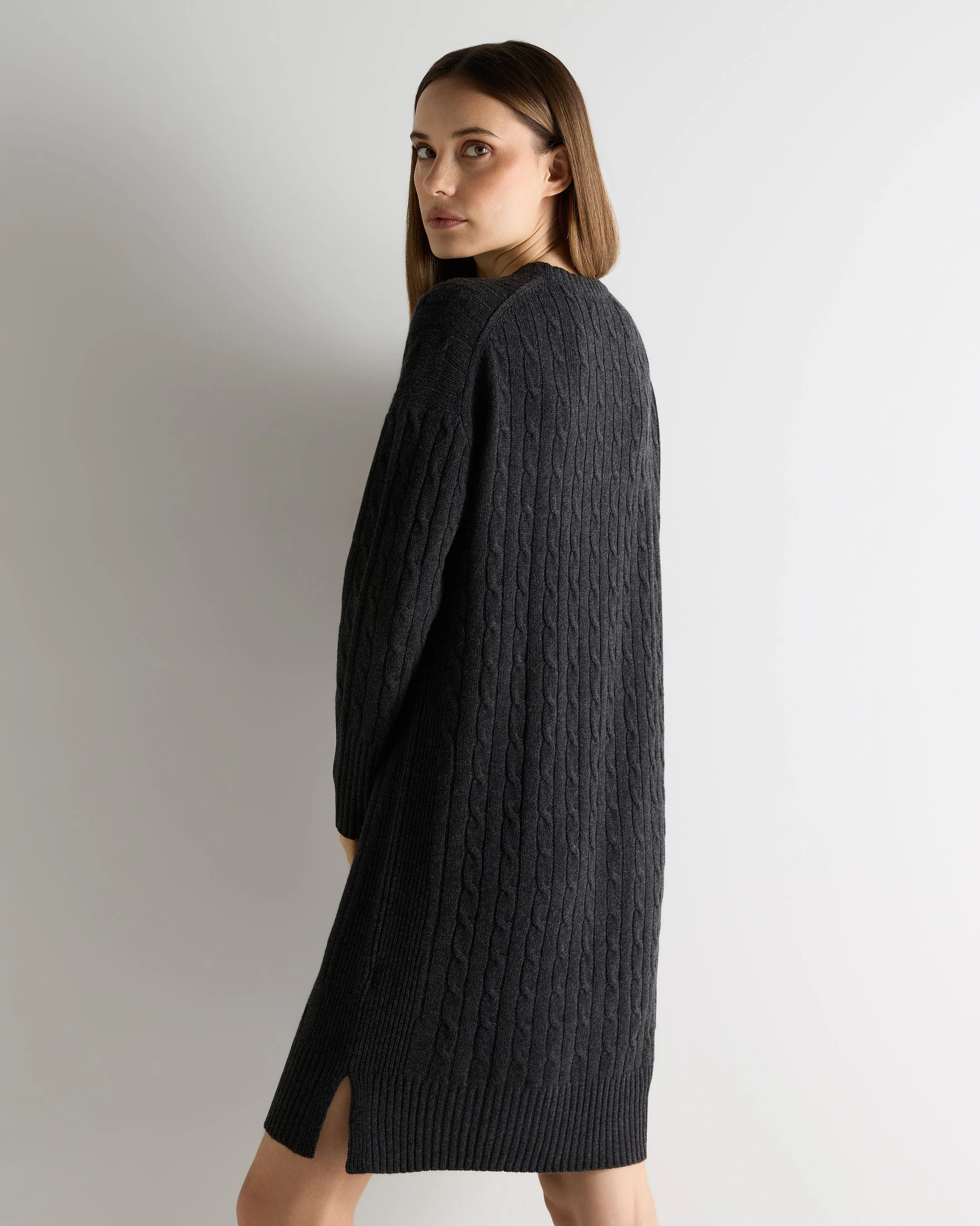 Women's Bella Round Neck Cable Cashmere Dress Deep Charcoal Grey