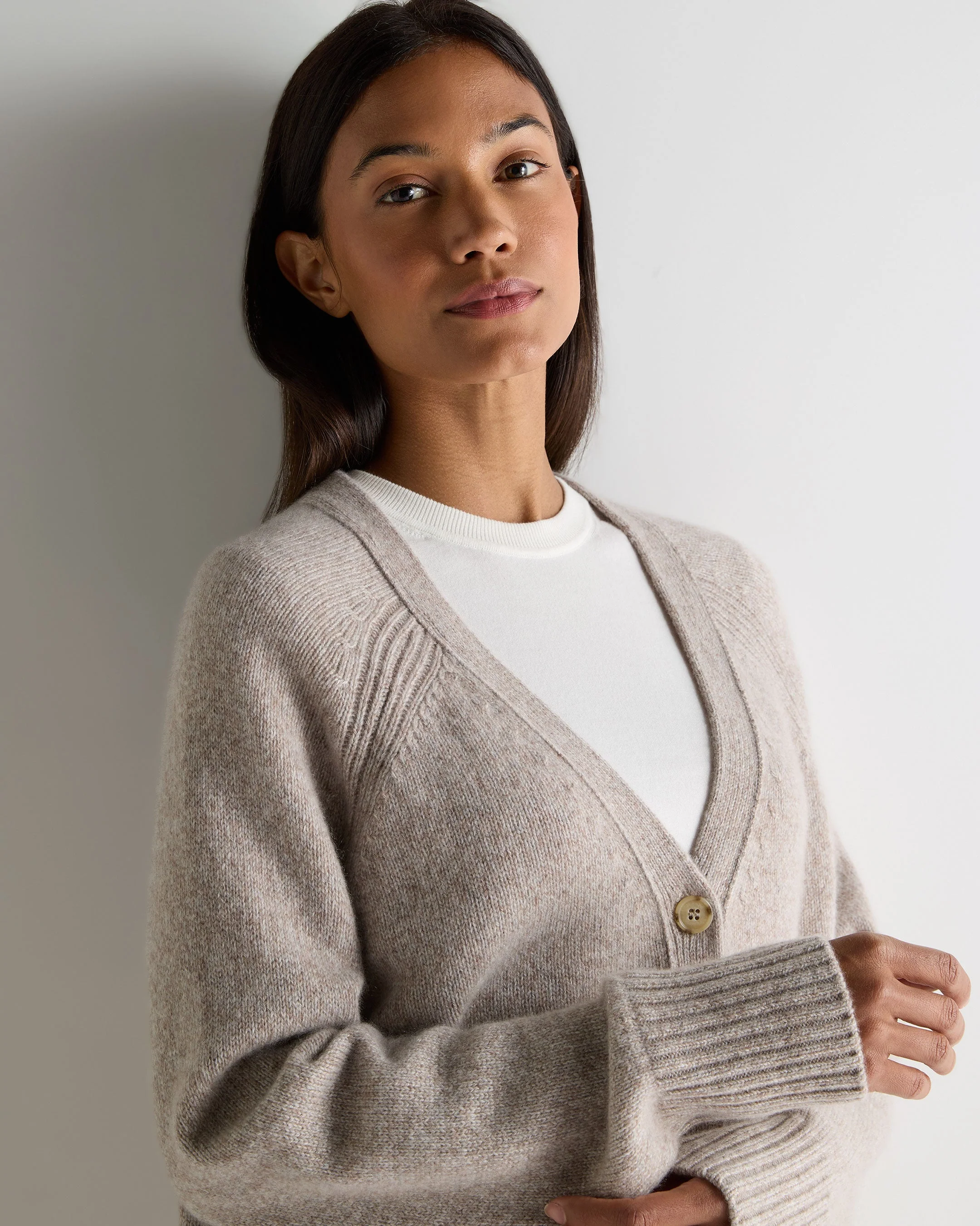 Women's Relaxed V Neck Cashmere Cardigan Basilica Beige Brown Marl