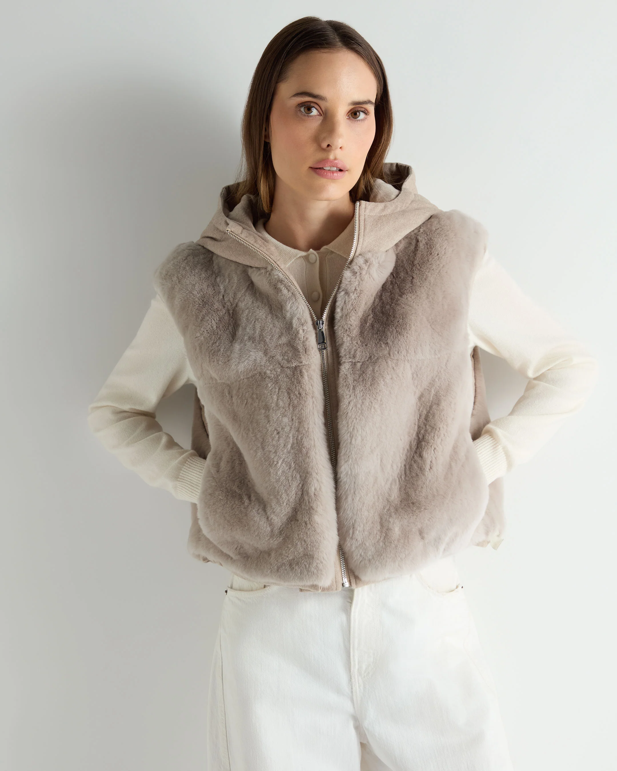 Women's Rex Fur Hooded Gilet Beige Brown