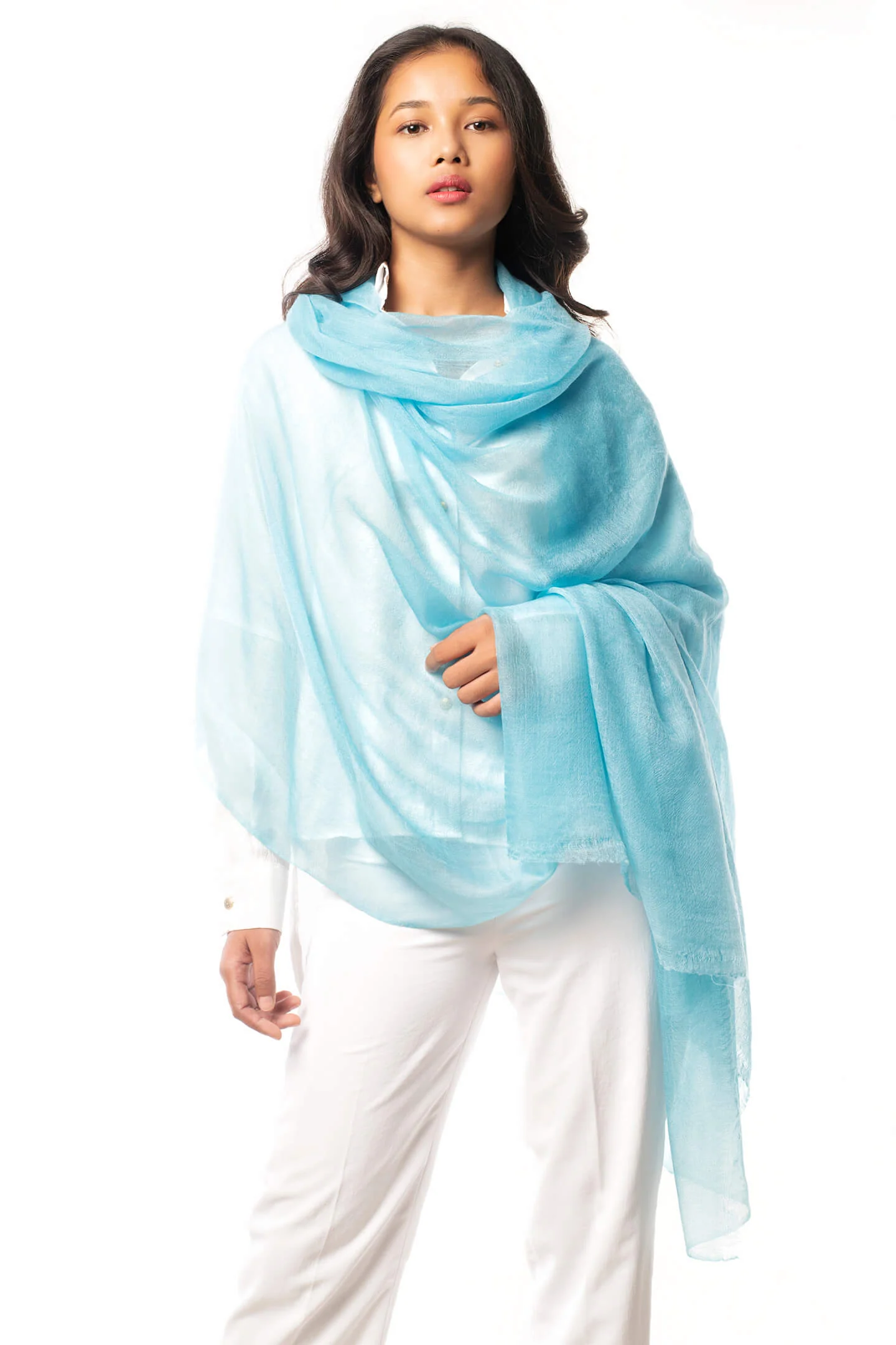 Handwoven Pure Cashmere Scarf Shawl Wrap in Aquamarine Blue