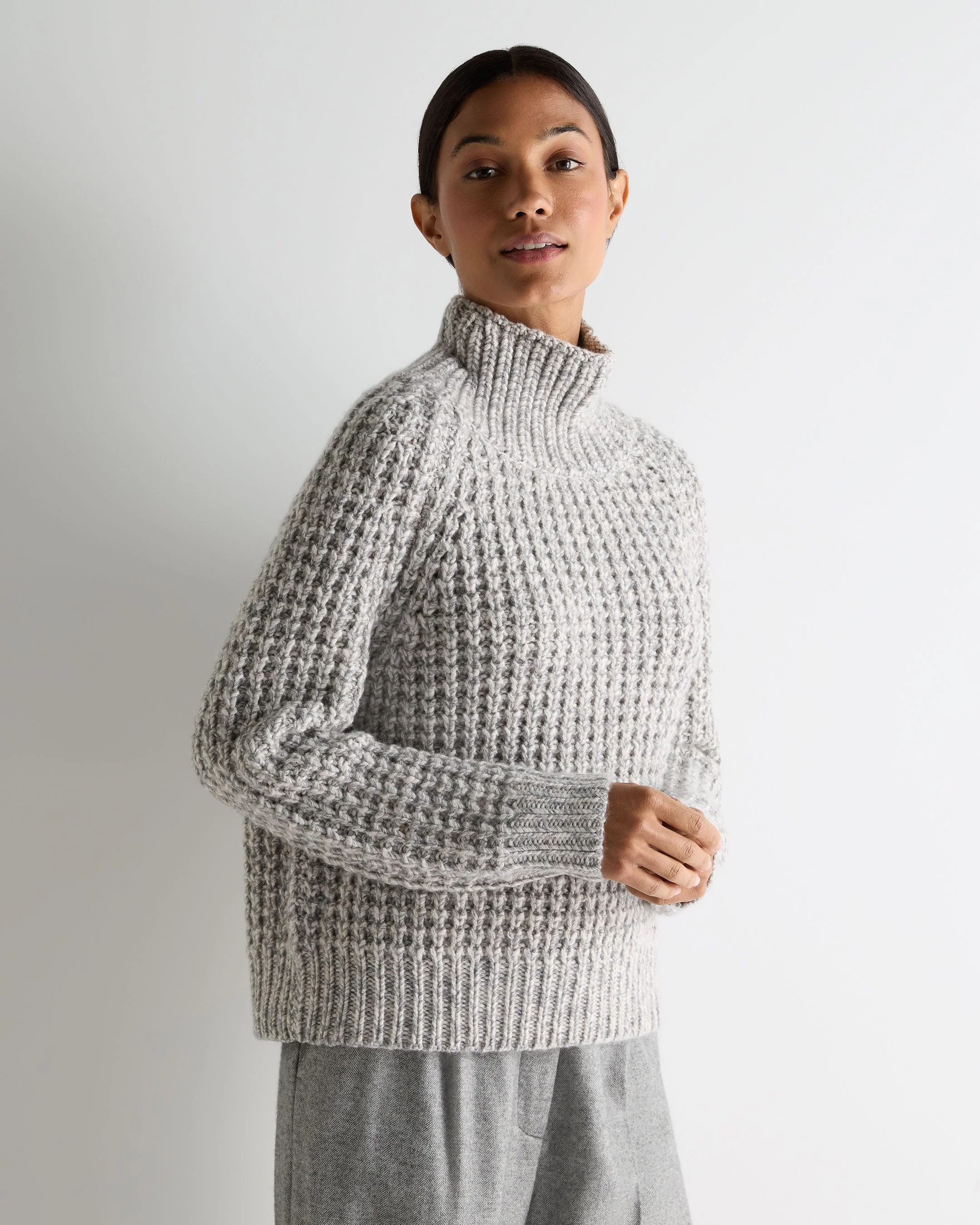 Women's Super Chunky Rib Cashmere Sweater Flannel Grey Marl