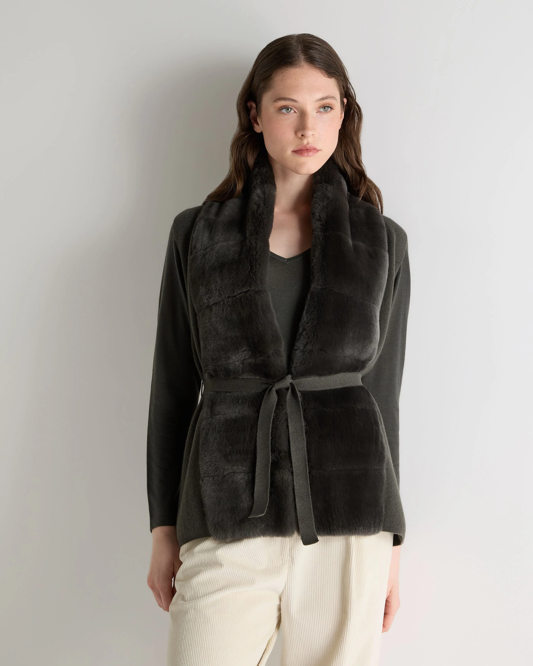 Women's Lola Fur Placket Cashmere Gilet Arabica Khaki Green