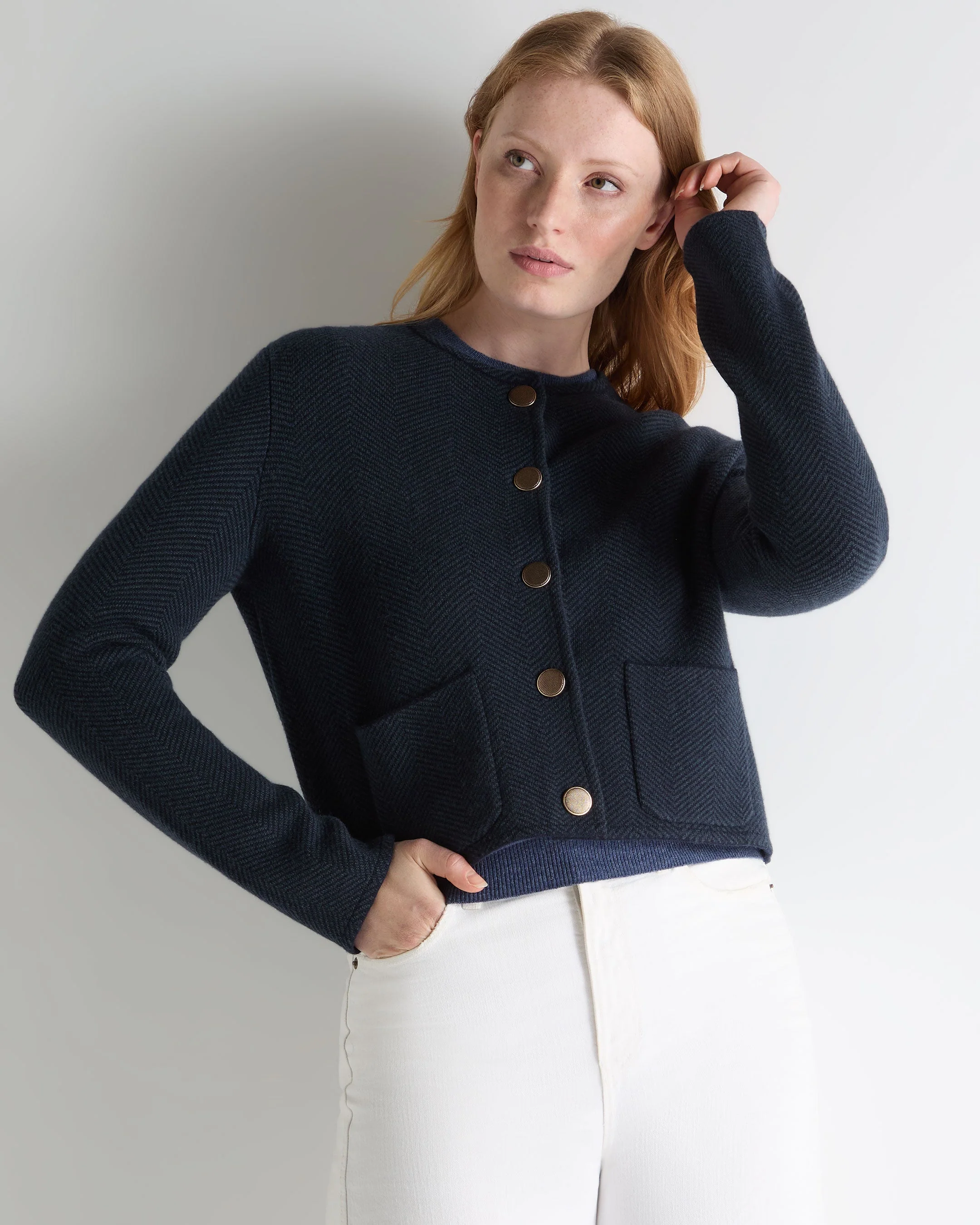 Women's Collarless Jacquard Cashmere Jacket Navy Blue