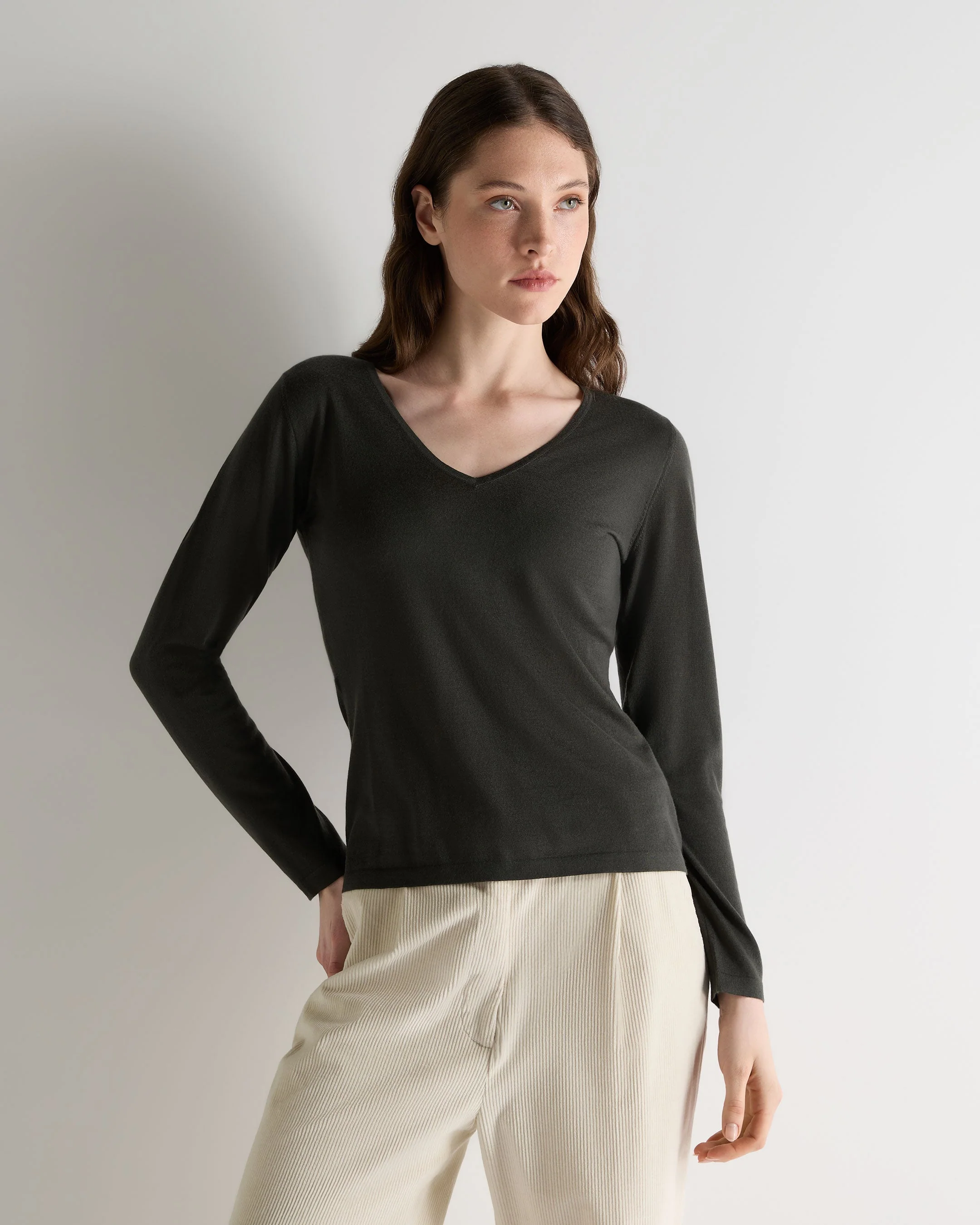 Women's Imogen Superfine Cashmere V Neck Sweater Arabica Khaki Green