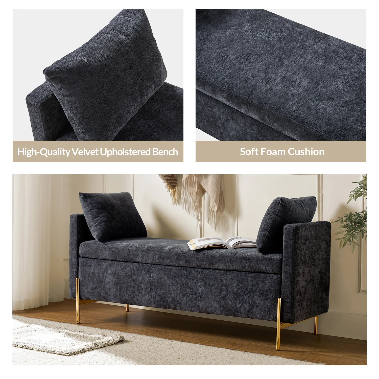 Arrigo Upholstered Flip Top Storage Bench in Black