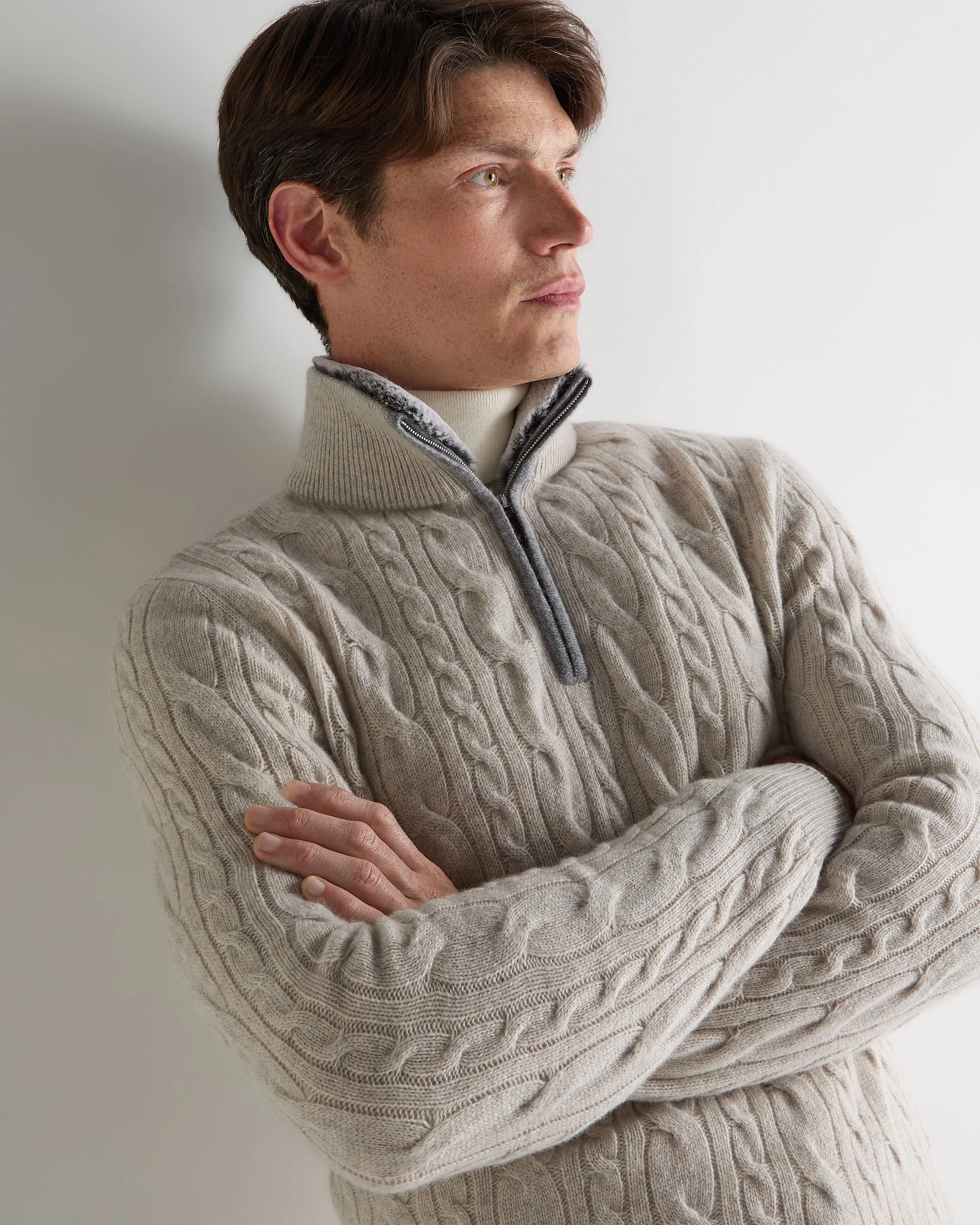 Men's Fur Trim Half Zip Cashmere Jumper Nougat Brown Marl