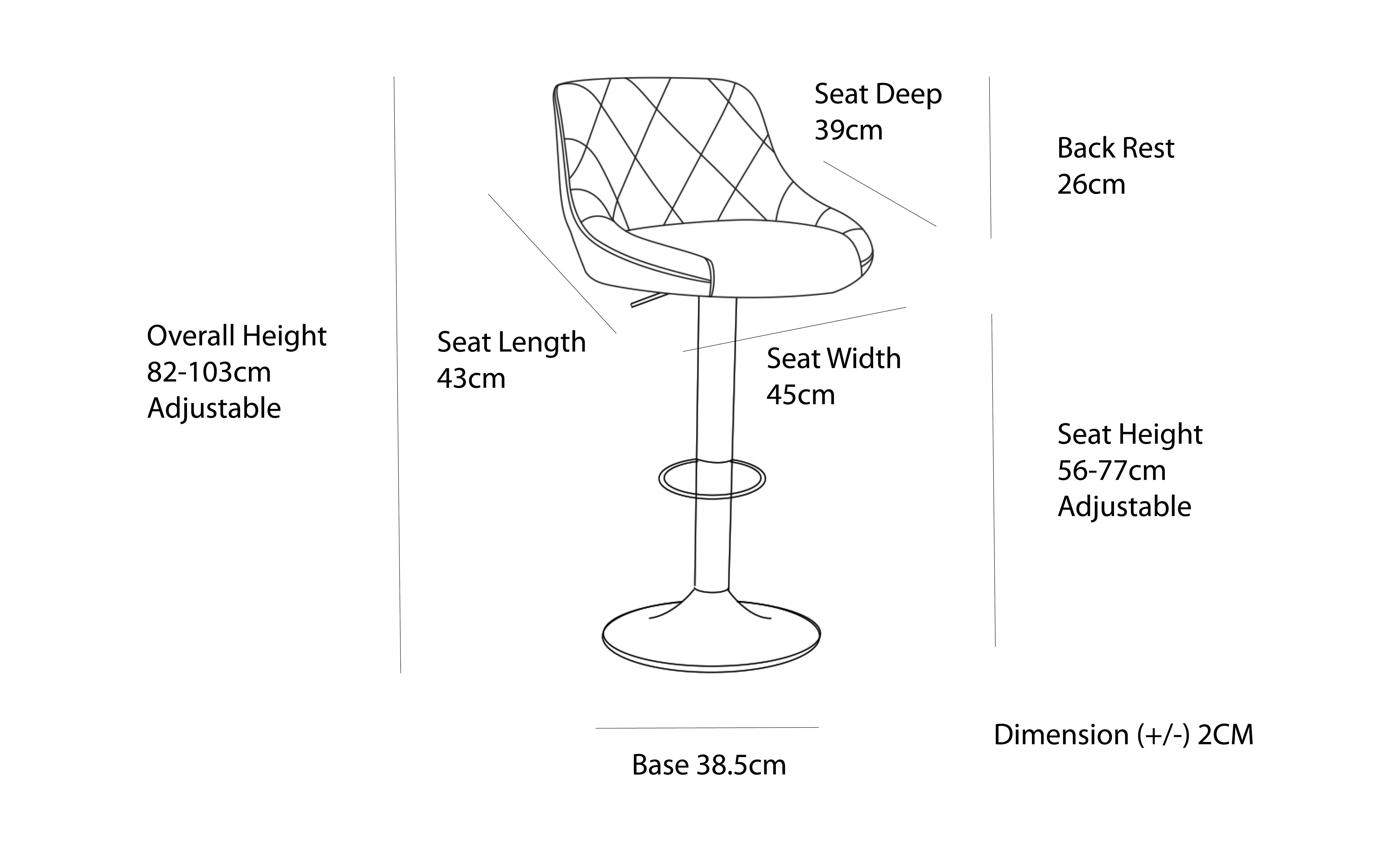 2 Diamond Style Padded Leather Barstools (White) w/ Adjustable Height, 82-103cm