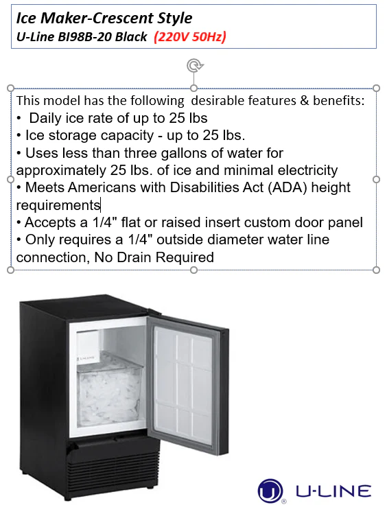 Uline 220 volts ice maker 15 inch makes 25 lbs of ice 220v 240 volts PANEL READY model ULN-BI98B-220v