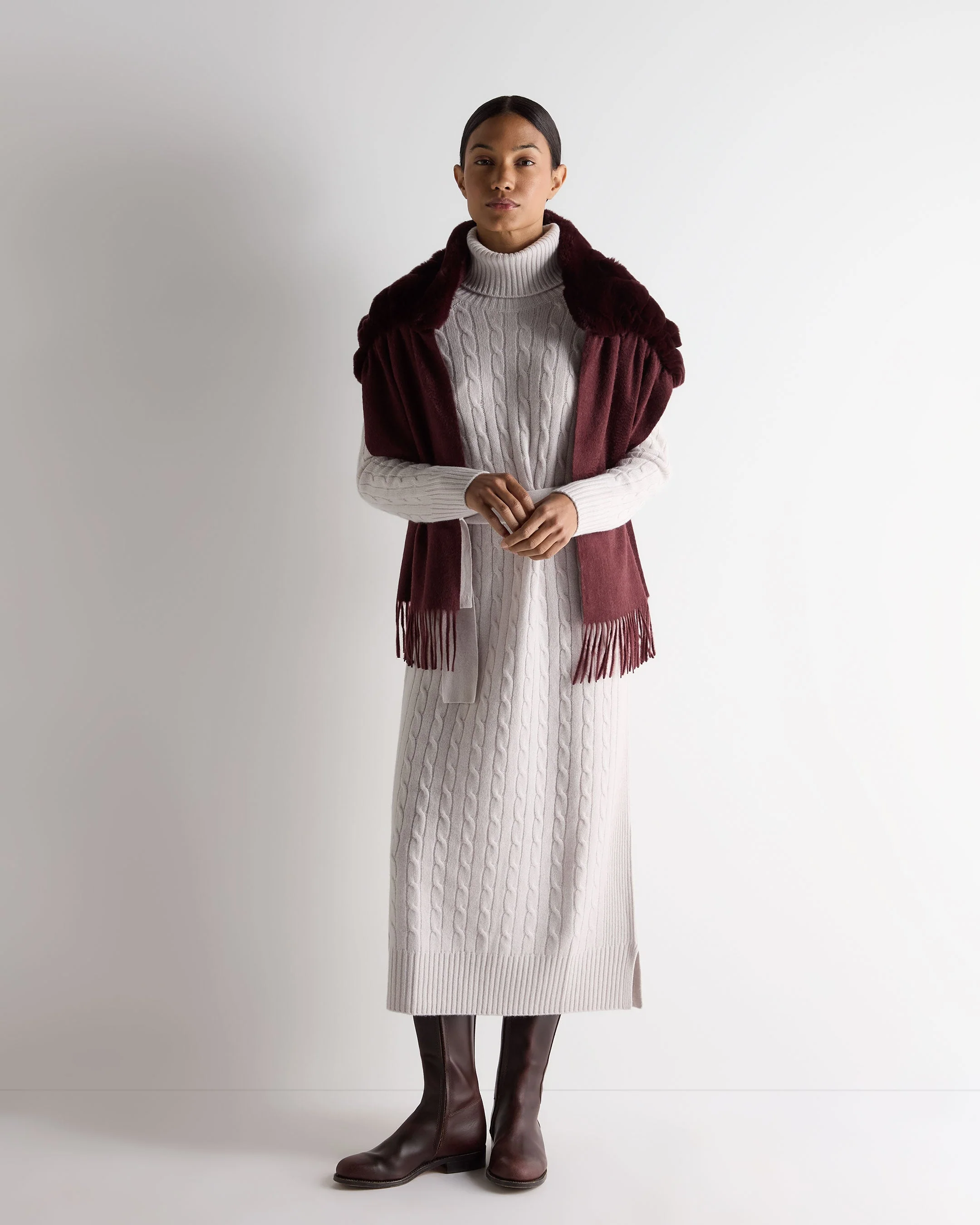 Women's Longline Cable Cashmere Dress Snow Grey