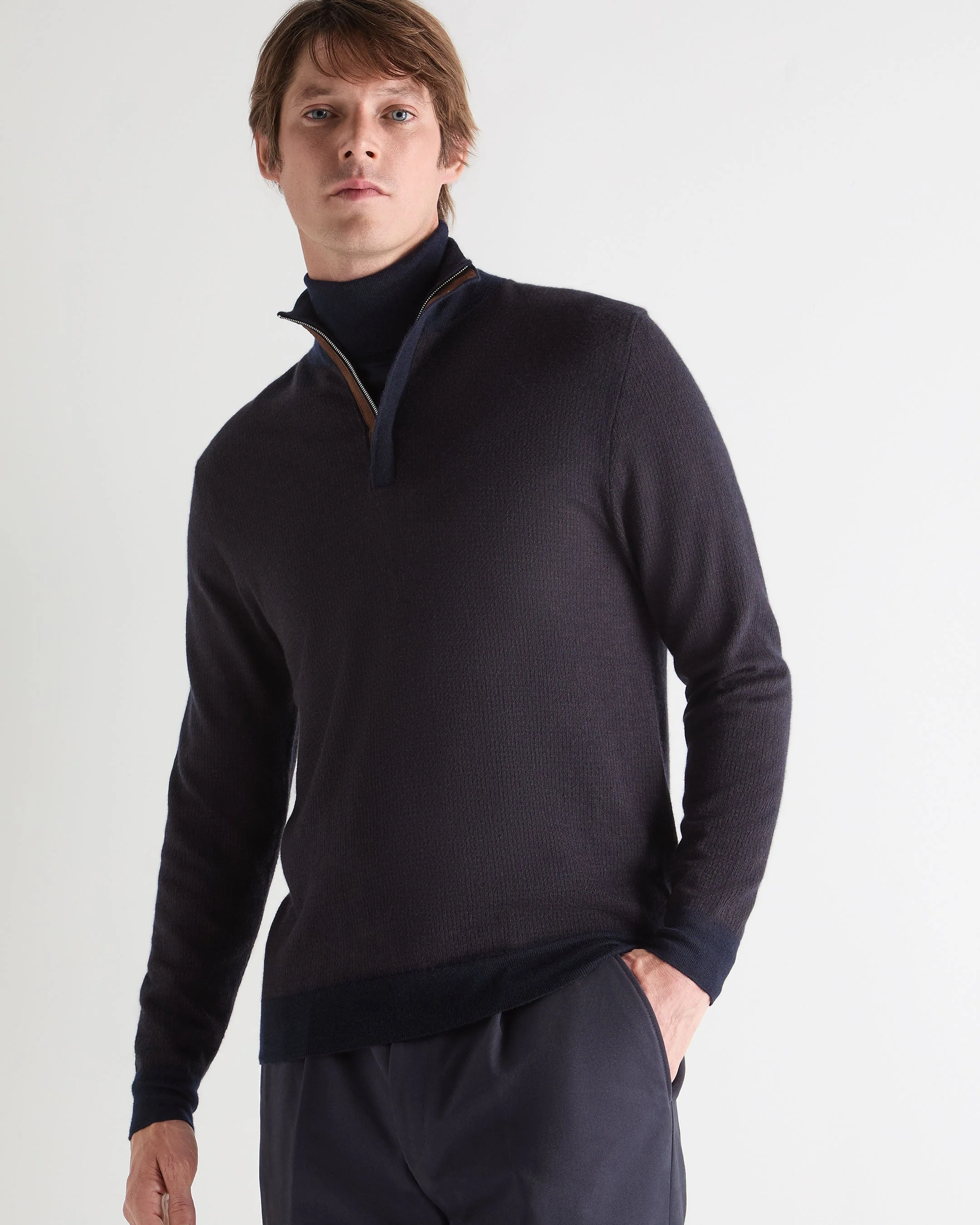 Men's Regent Houndstooth Fine Gauge Cashmere Half Zip Jumper Navy Blue