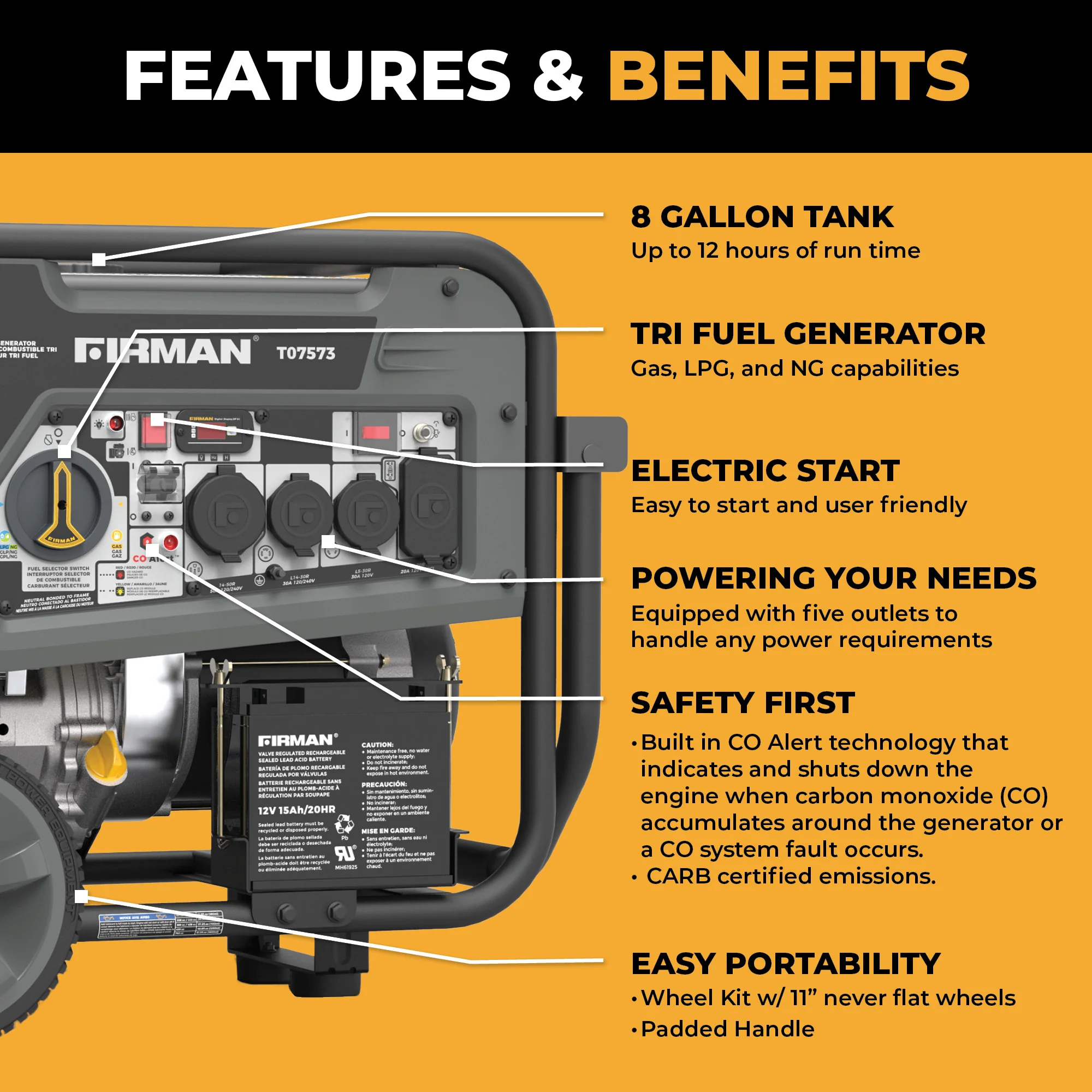 Tri Fuel Portable Generator 9400W Electric Start 120/240V with CO Alert