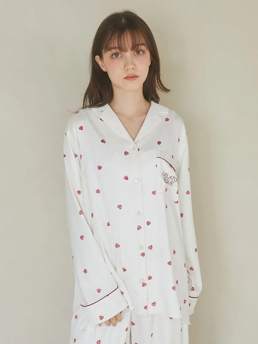 Heart Pattern Satin Pajama Shirt