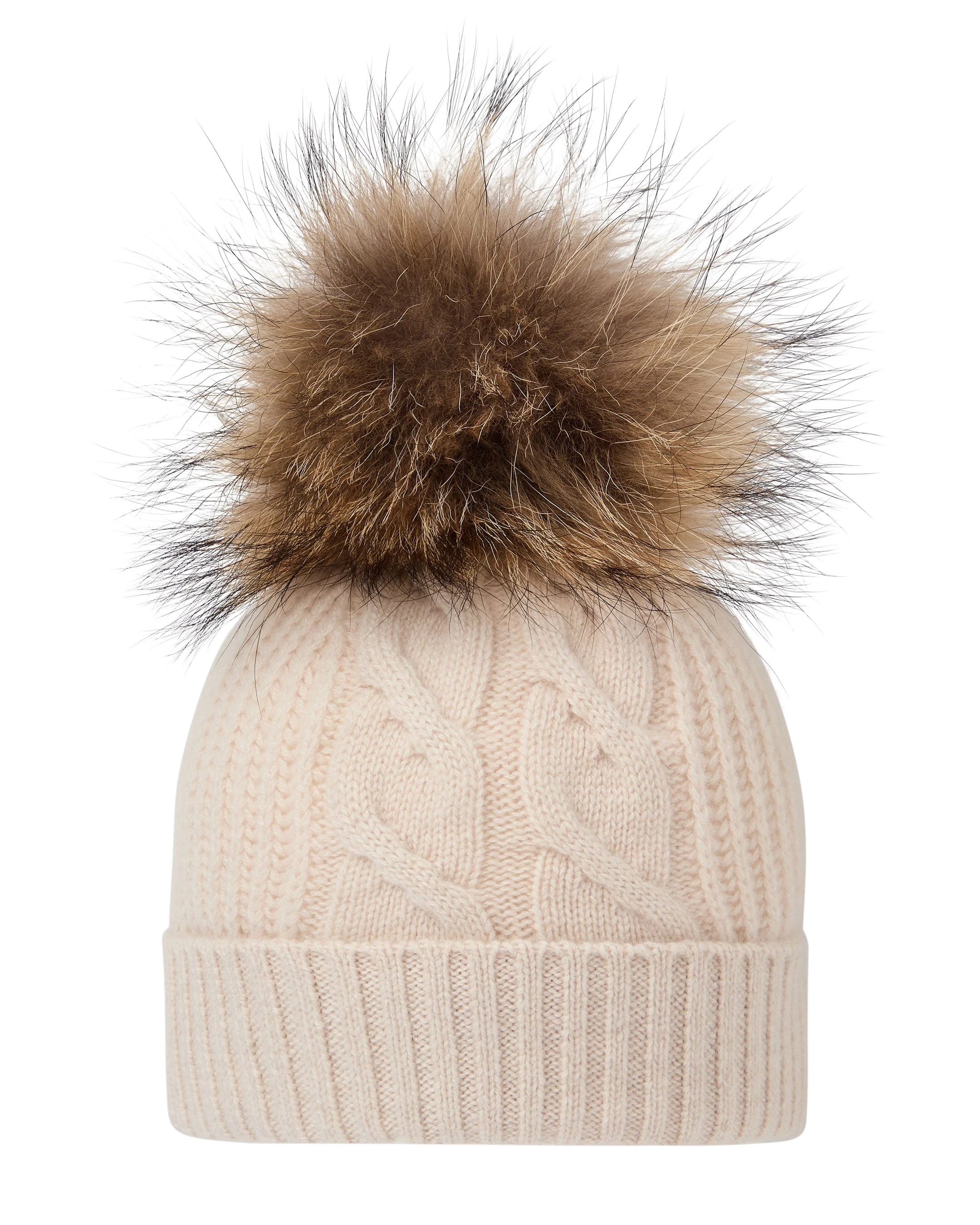 Women's Cable Cashmere Hat With Fur Pom Ecru White