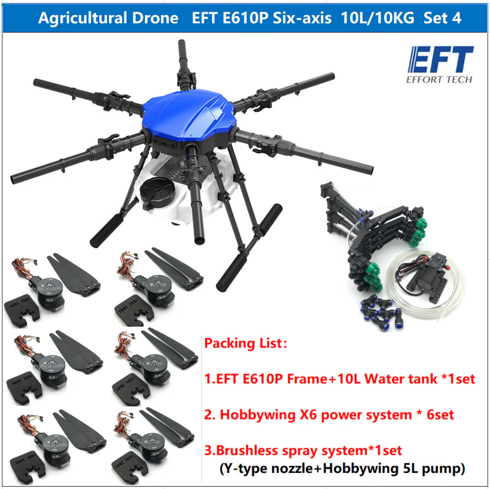 EFT E610P 10L Agriculture Drone -  6-Axis Sprayer Spreader Drone 10L Water Tank Compact With Hobbywing X6, JIYI K++ V2, Skydroid H12,TATTU 12S Battery