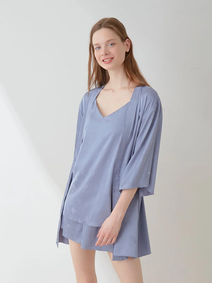 Flower Long Sleeve Satin Tie Nightgown Robe