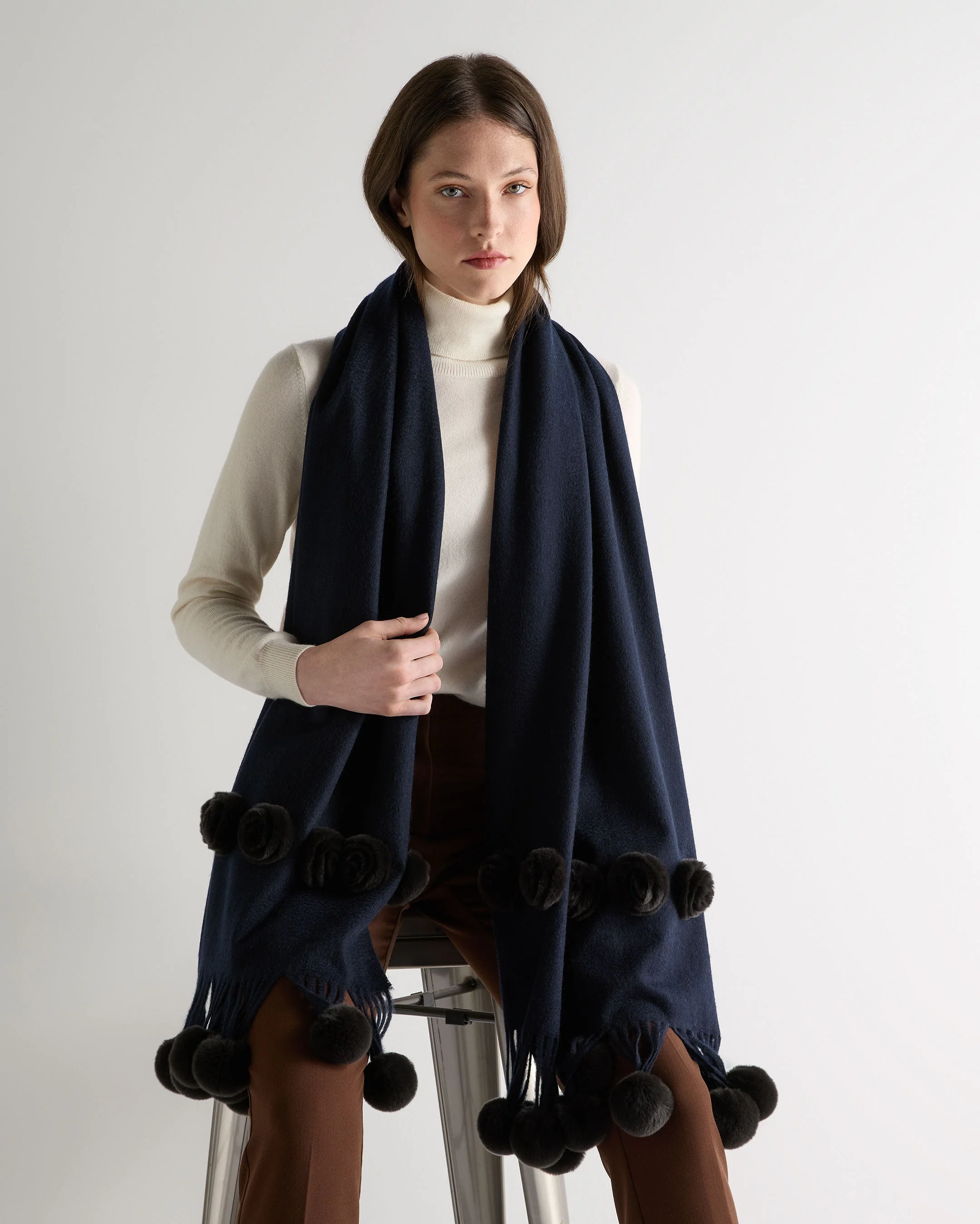 Women's Davos Fur Bobble Woven Shawl Navy Blue