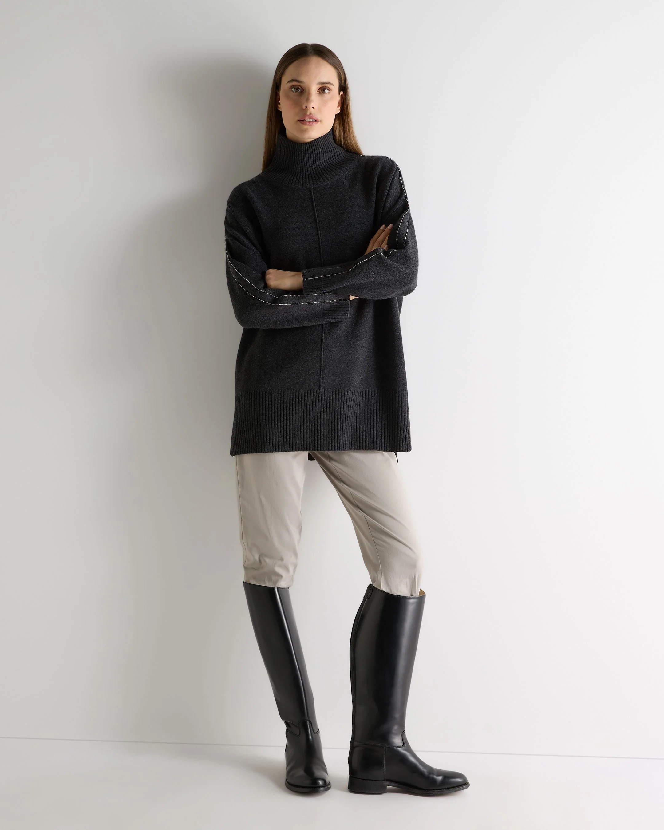 Women's Mock Neck Long Cashmere Sweater Deep Charcoal Grey