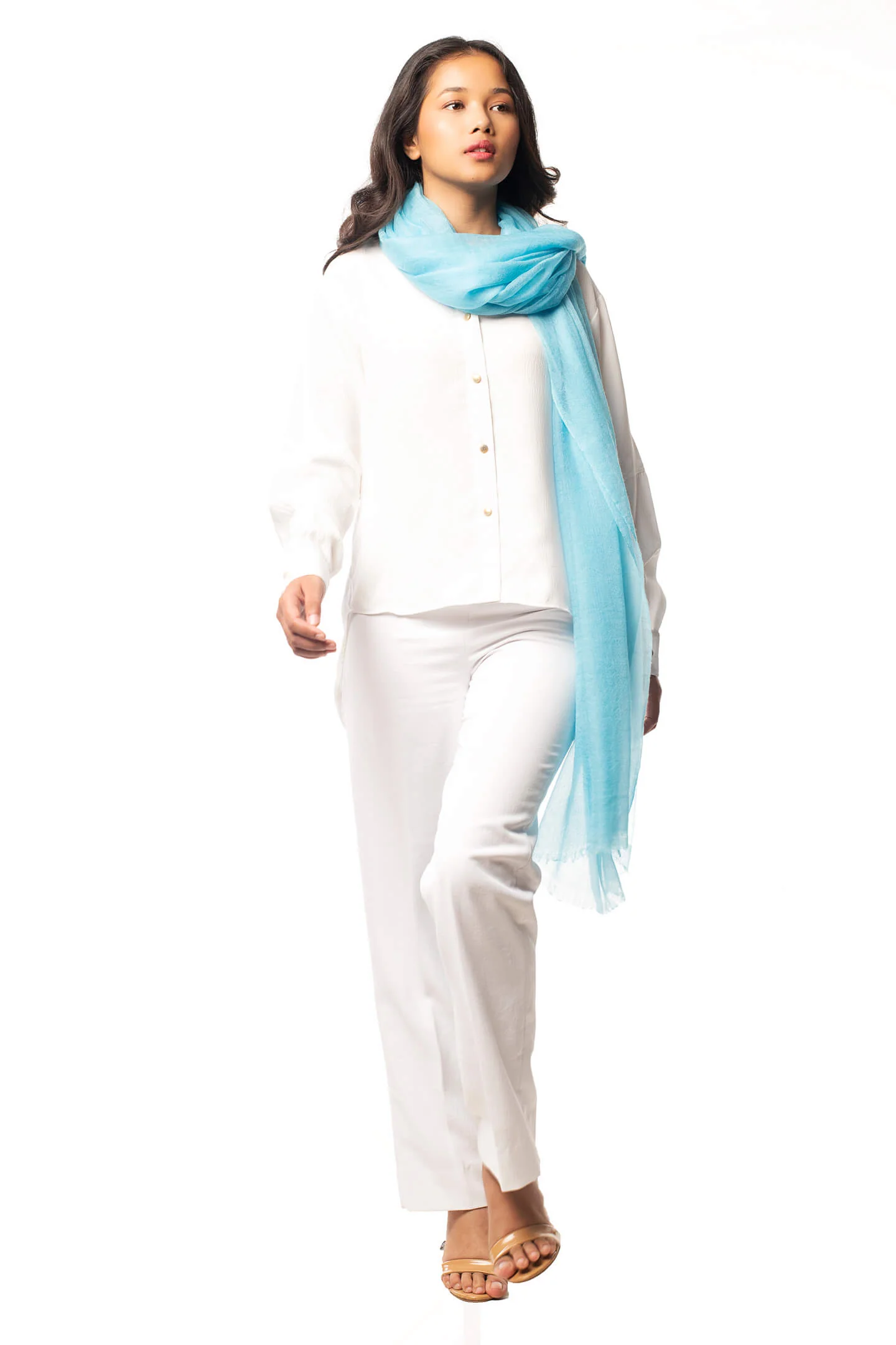 Handwoven Pure Cashmere Scarf Shawl Wrap in Aquamarine Blue