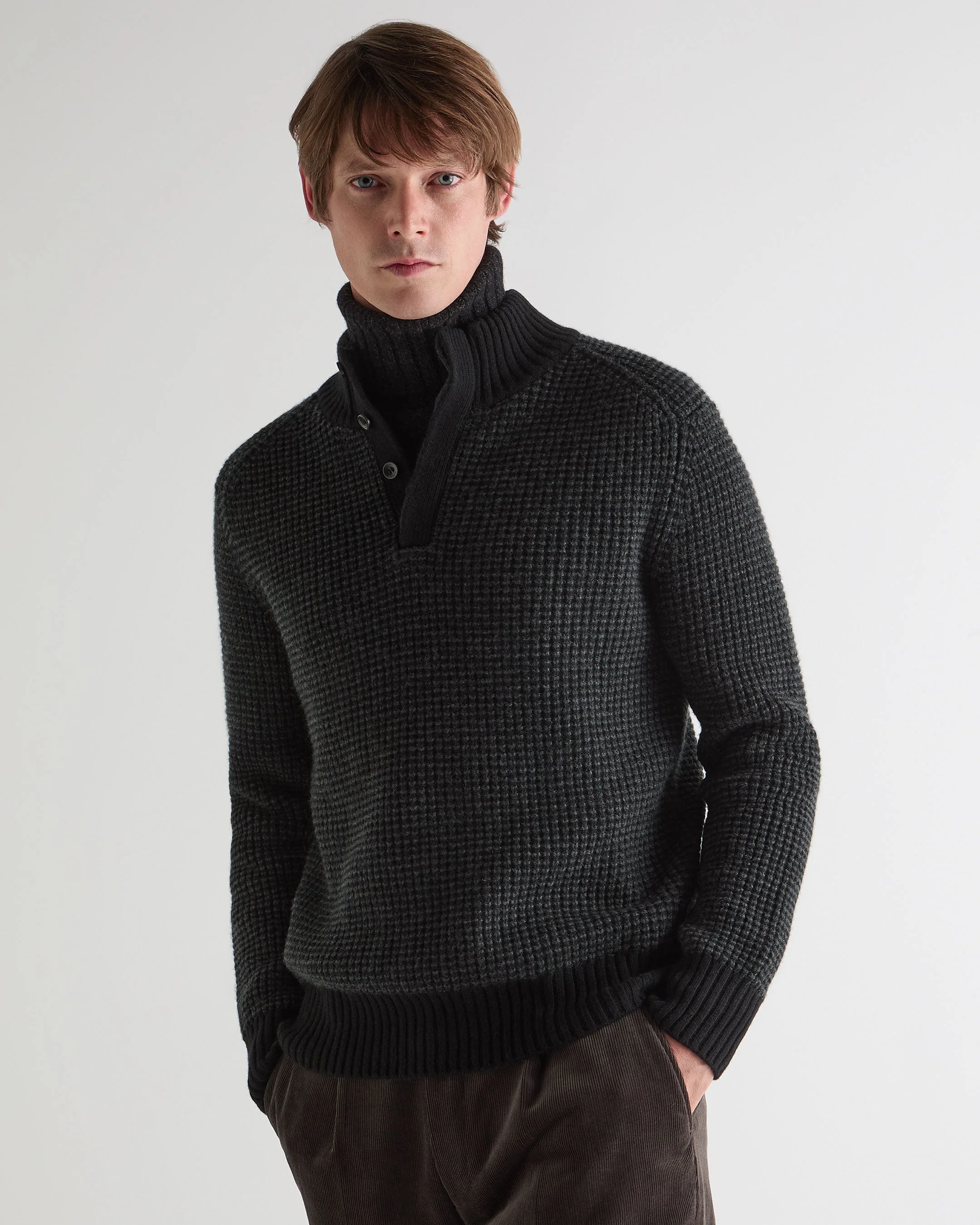 Men's Moss Stitch Half Button Cashmere Sweater Black