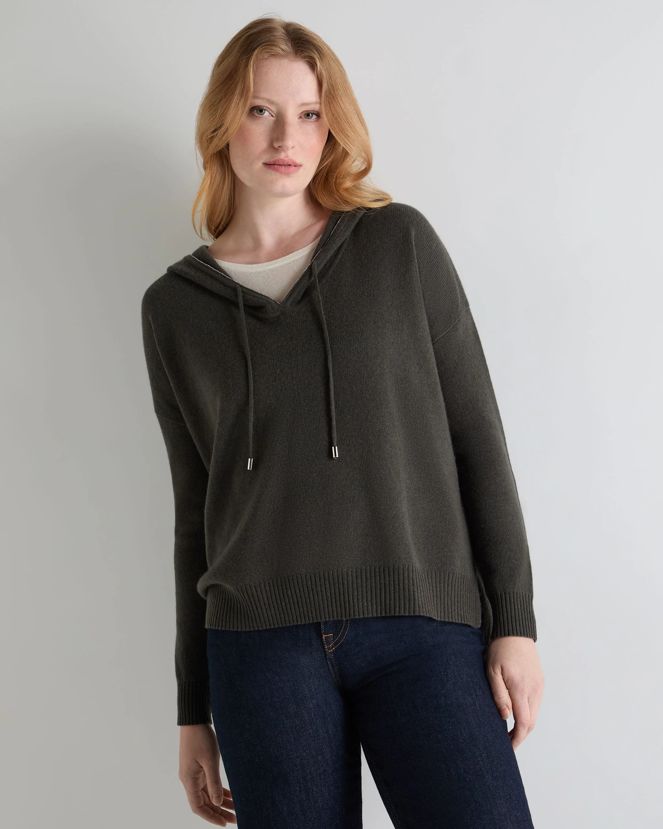 Women's Maya Metal Trim Cashmere Hoodie Arabica Khaki Green