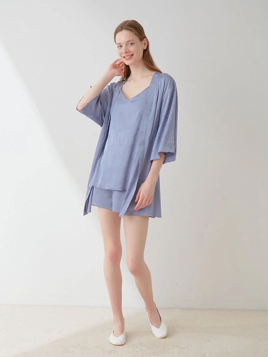 Flower Long Sleeve Satin Tie Nightgown Robe