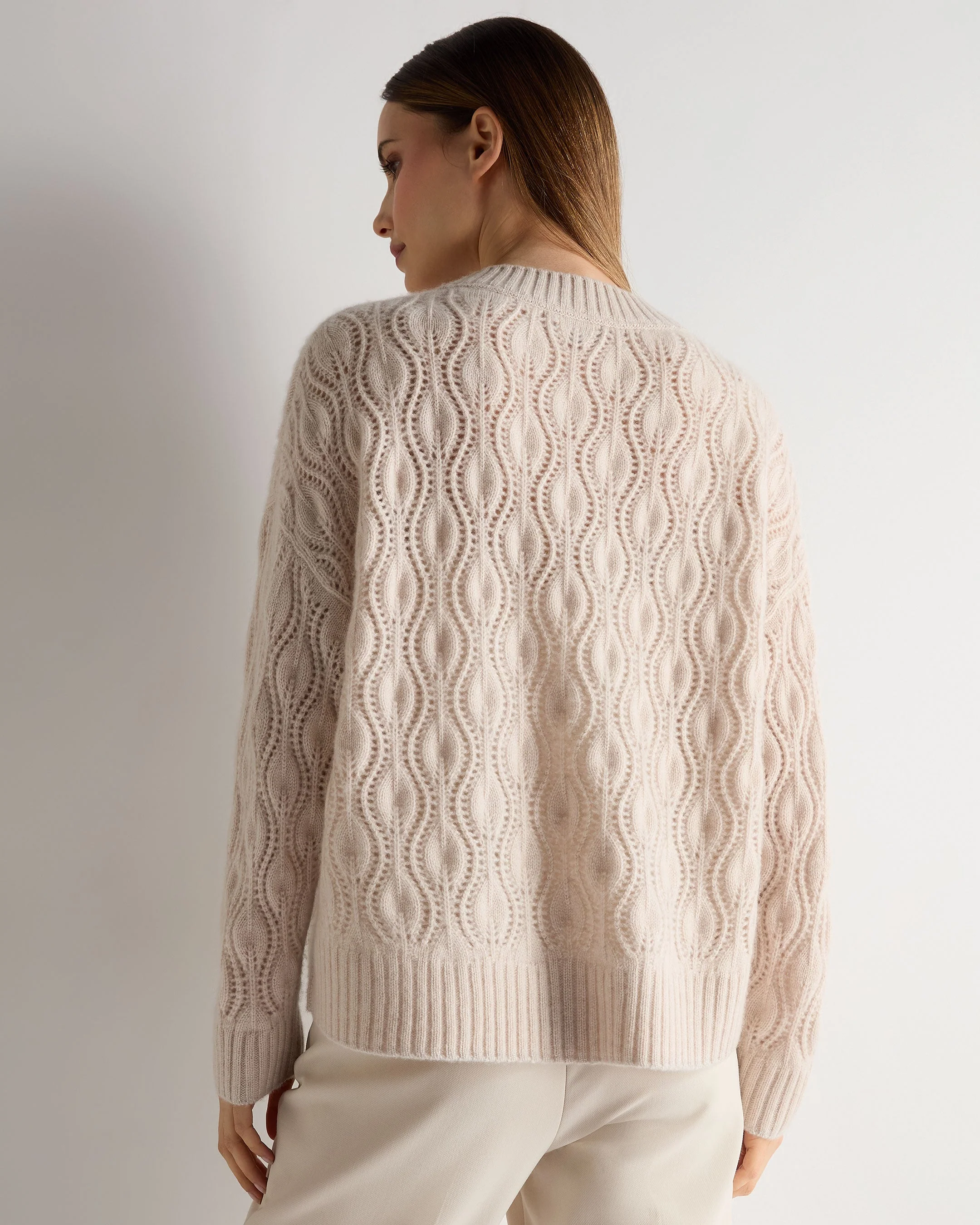 Women's Chunky Lace Stitch Cashmere Sweater Ecru White