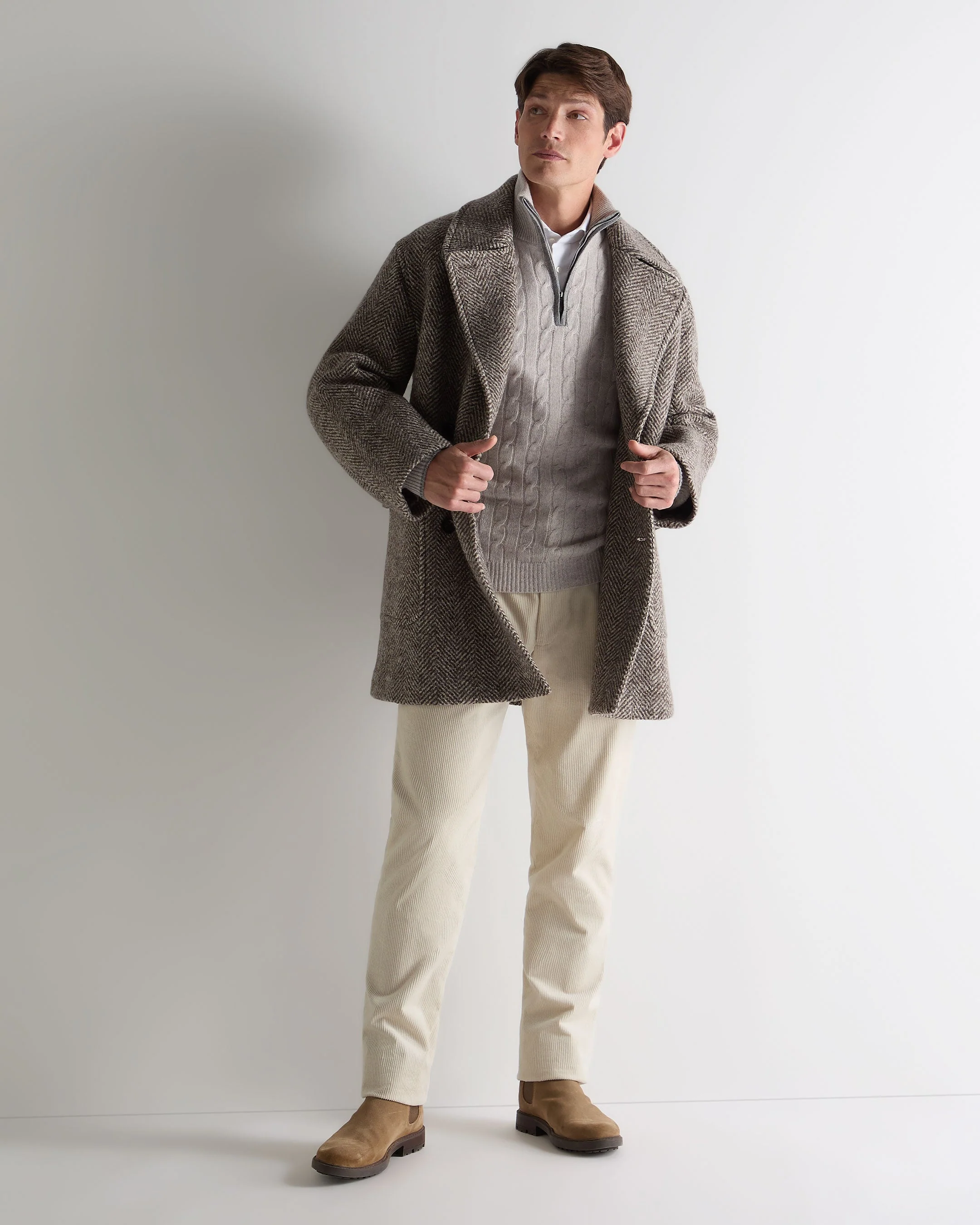 Men's Albemarle Cable Half Zip Cashmere Jumper Nougat Brown Marl