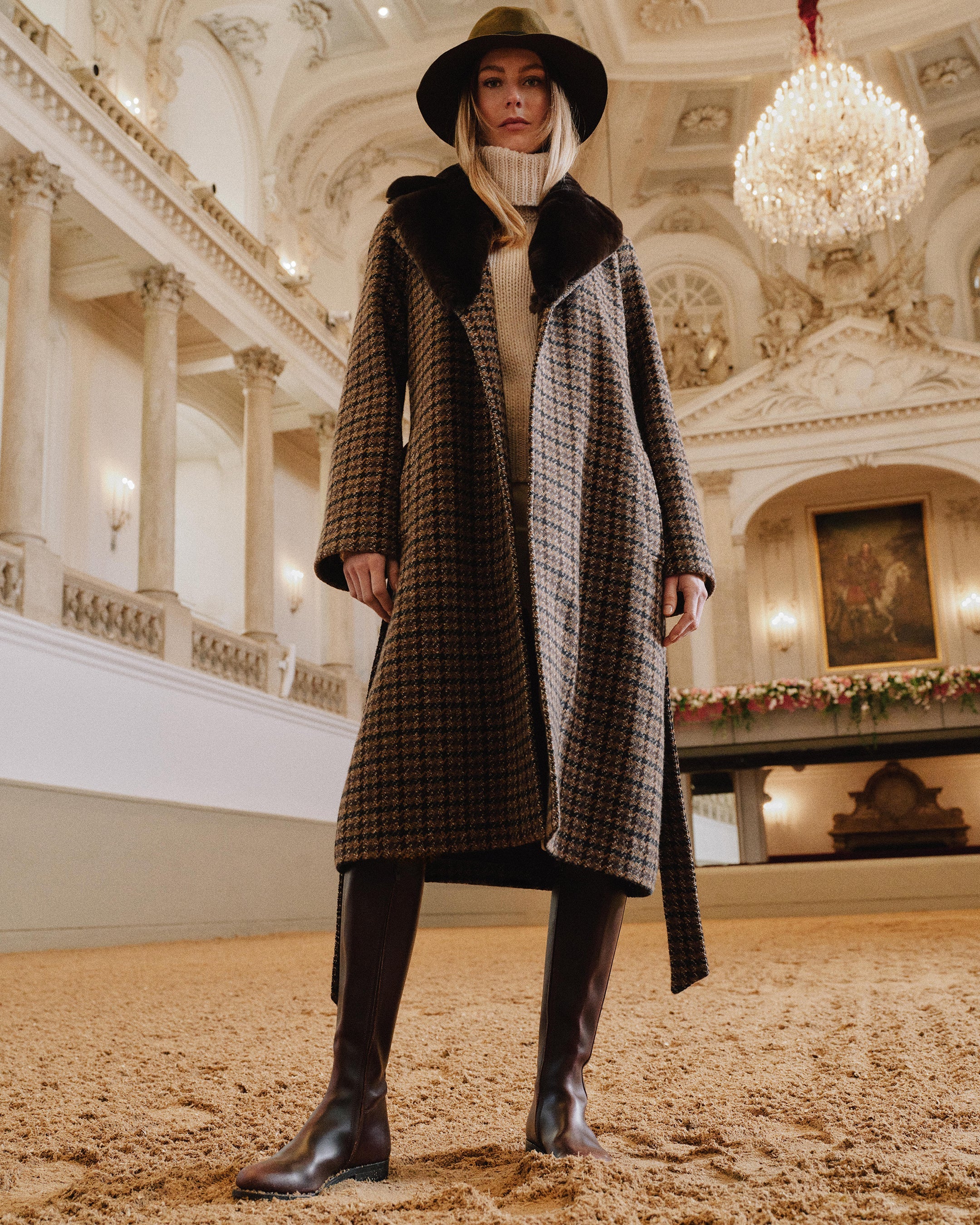 Women's Dogtooth Fur Trim Coat Brown