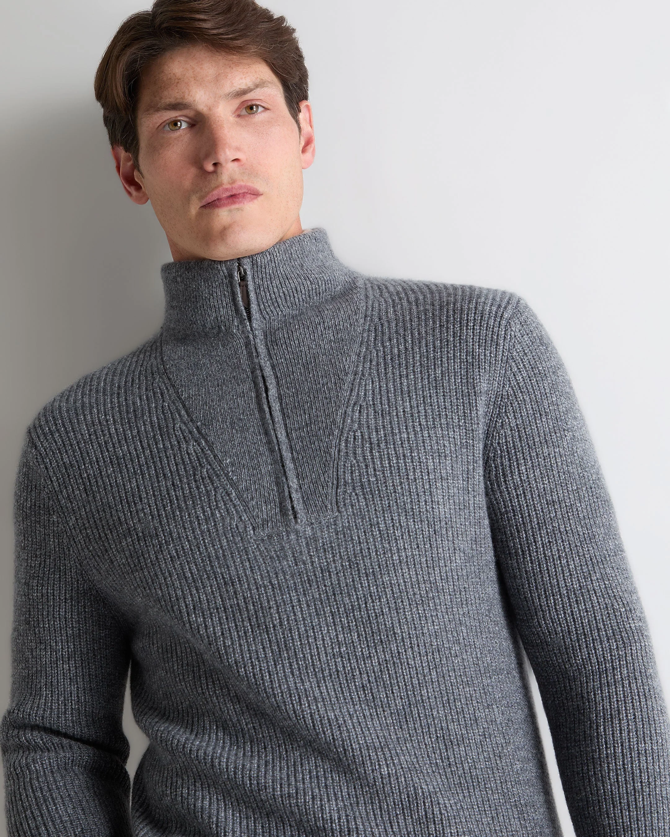 Men's Half Zip Rib Cashmere Jumper Grey Melange