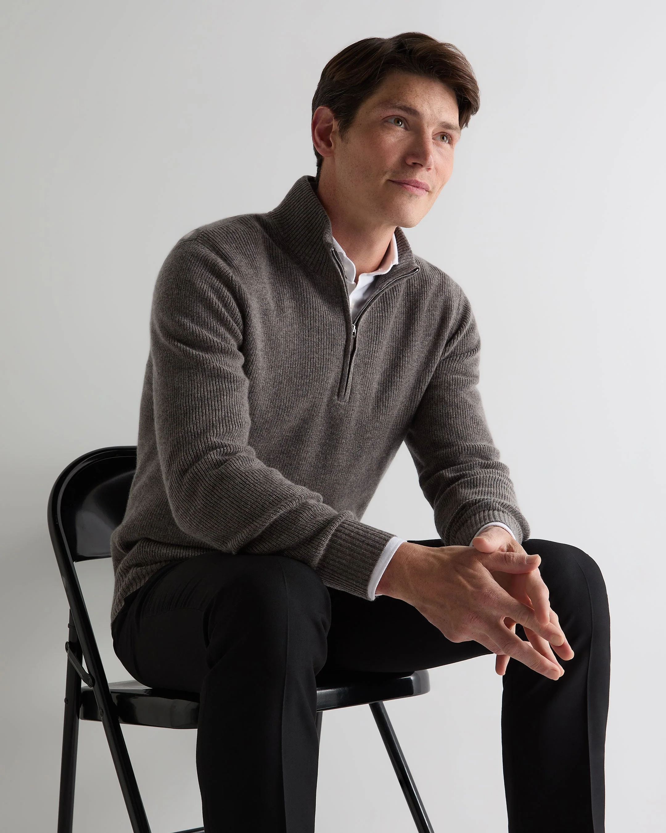 Men's Ribbed Half Zip Cashmere Jumper Wood Smoke Brown