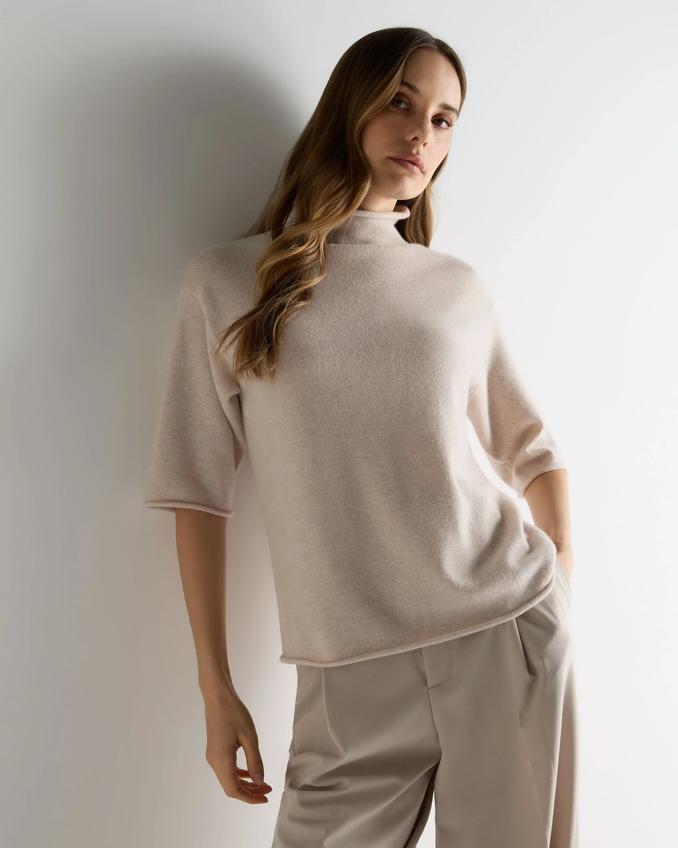 Women's Short Sleeve Turtle Neck Cashmere Sweater Ecru White